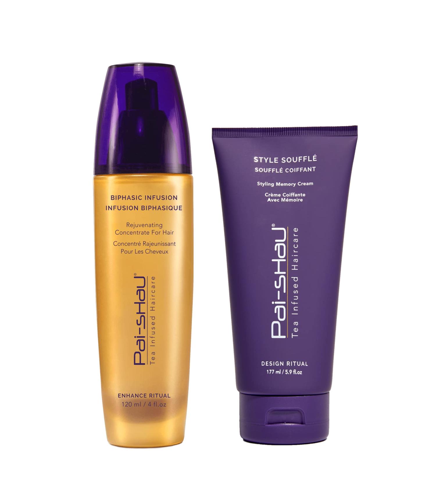 Pai-Shau Biphasic Infusion & Style Souffl Set | Oil-Free Hair Rejuvenating Serum & Medium Hold Styling Cream for All Hair Textures - Shine Protection 4oz & 5.9oz - Buy Online on SooperMarket.com