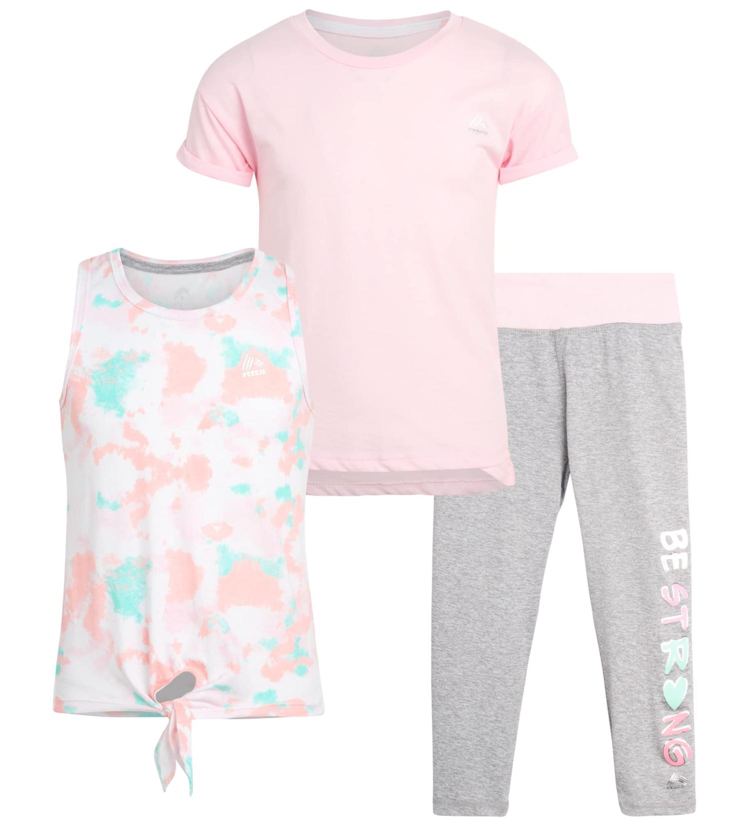 RBX Girls' Pink Be Strong Activewear Set - Short Sleeve Performance T-Shirt, Tank Top, and Capri Leggings (4-12) - Buy Online on SooperMarket.com