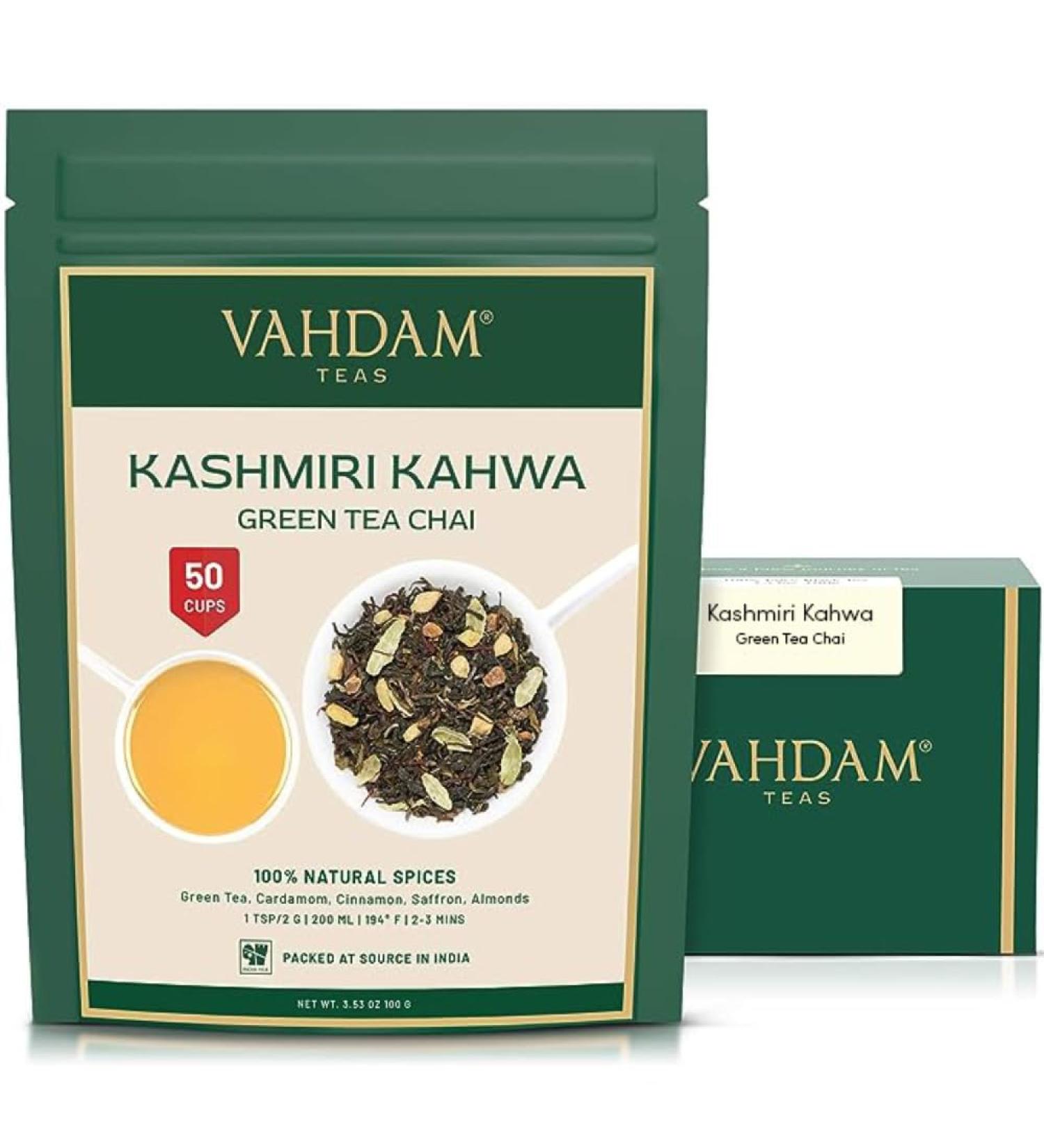 Vahdam Kashmiri Kahwa Chai - Spiced Green Tea with Natural Spices (100g) | Masala Chai Blend | Premium Loose Leaf Tea Cinnamon Cardamom Almond Saffron - Buy Online on SooperMarket.com
