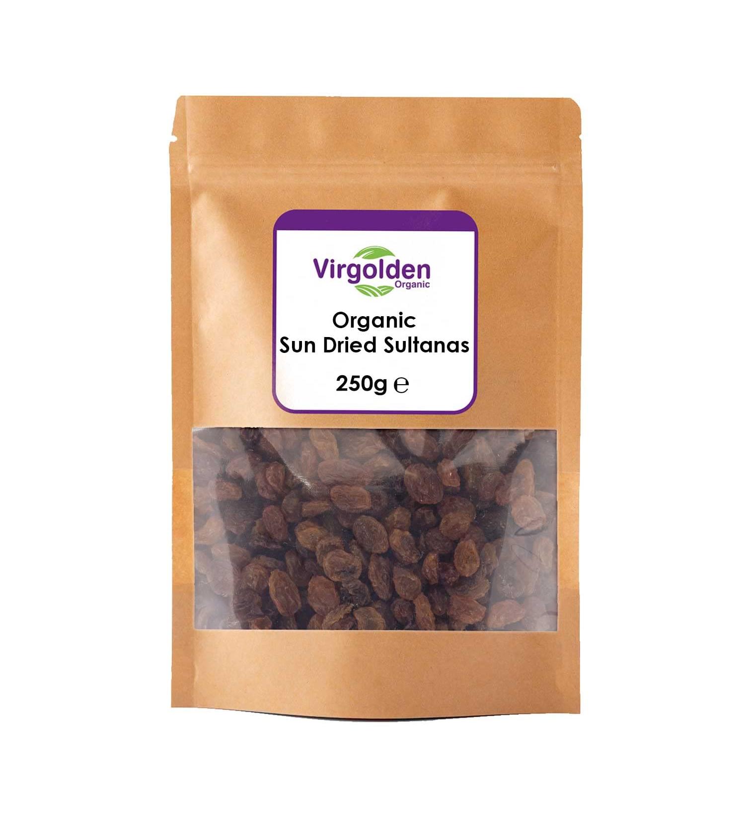 Organic Sun Dried Sultanas 250g by Virgolden Organic - Source of Fibre Suitable for Vegetarians Baking Desserts Vegan Cakes Cookies Tart Breakfast Granola - Buy Online on SooperMarket.com