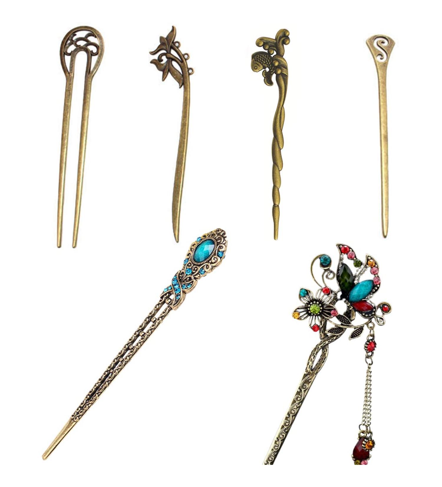 LEEQ Vintage Hair Sticks Chinese Hair Sticks Vintage Chinese Hairpin Antique Hairpin Metallic Hair Stick for Decorative Hair Styling Fixed (6 Pieces) - Buy Online on SooperMarket.com