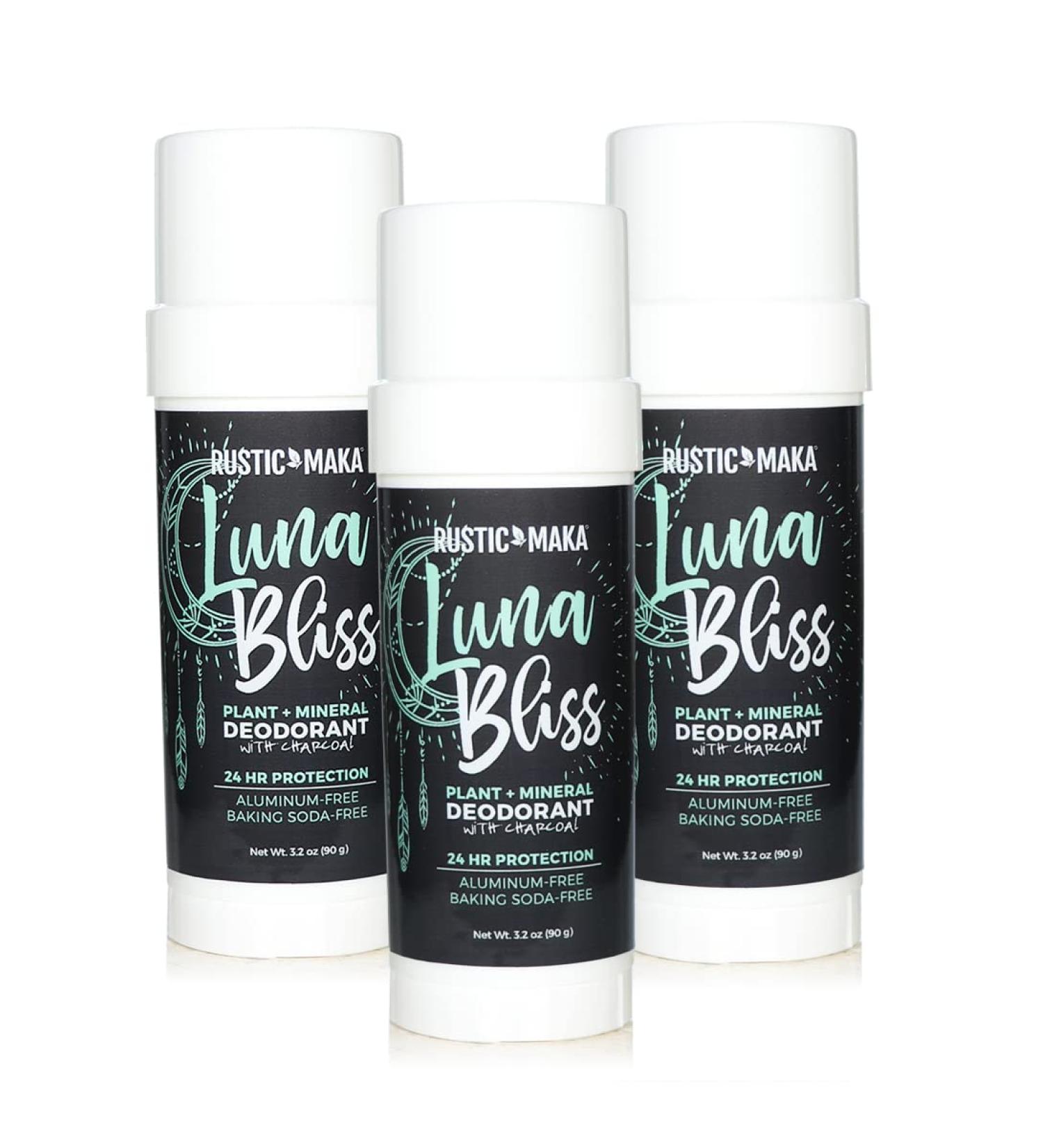 Rustic MAKA Luna Bliss Natural Deodorant 3-Pack - Aluminum Free, Paraben Free, Vegan - Activated Charcoal & Magnesium Formula for Women - Buy Online on SooperMarket.com