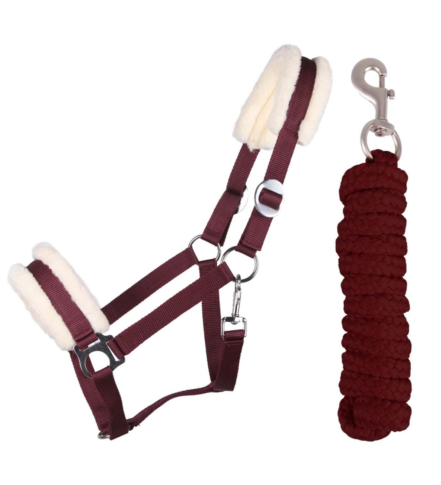QHP halter set beginner faux fur padding halter + lead rope snap hook (Shetty Bordeaux) Shetty burgundy
