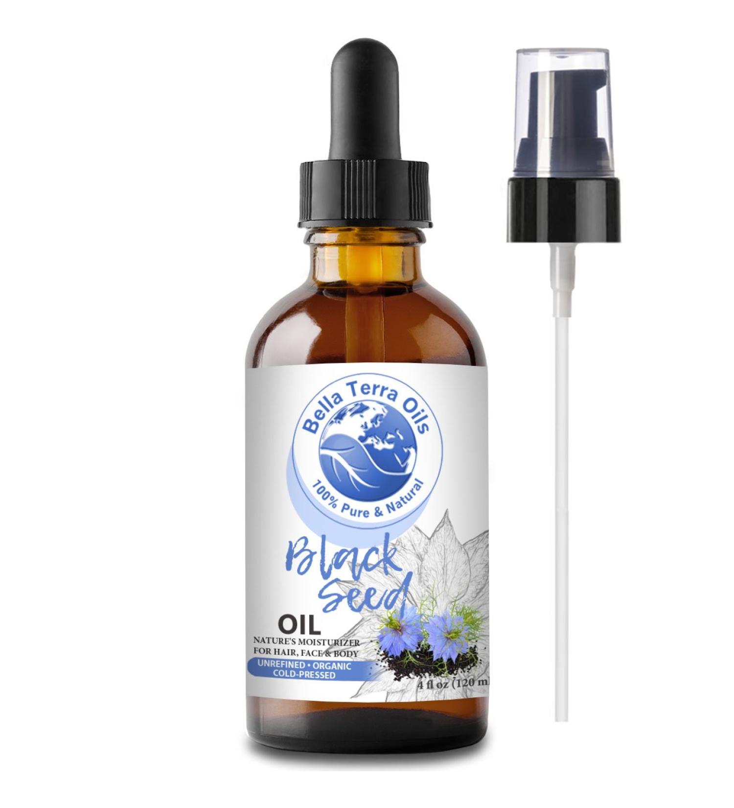 Organic Black Seed Oil 4oz - Cold-Pressed, Unrefined, Chemical-Free - Natural Moisturizer for Hair & Skin - Bella Terra Oils - Buy Online on SooperMarket.com
