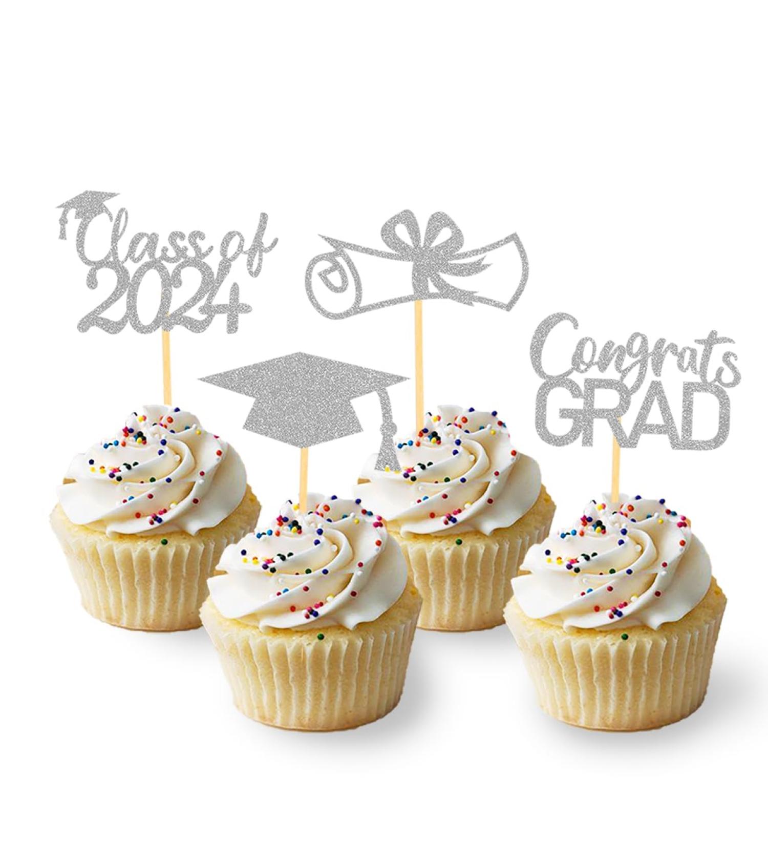 2024 Graduation Theme Cupcake Toppers Glitter Class of 2024 Graduation Cap Diploma Cupcake Picks - Set of 24 (Silver) - Buy Online on SooperMarket.com