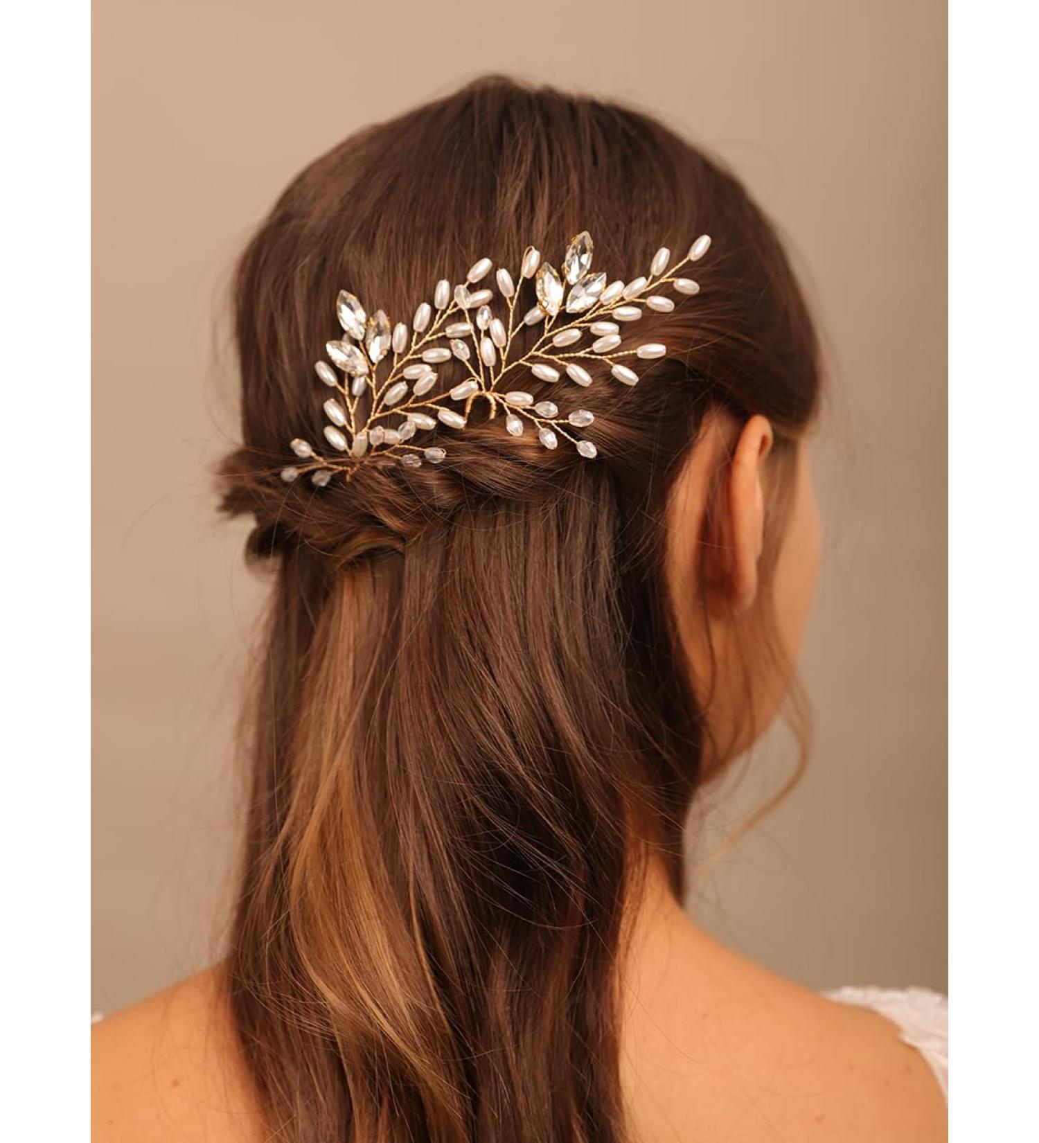 Chargances 2 Pieces Pearl Wedding Hair Pins Crystal Bridal Hair Pins Set Elegant Rhinestone Beaded Bride Headpiece Hair Accessories for Women and Girls (Gold) - Buy Online on SooperMarket.com