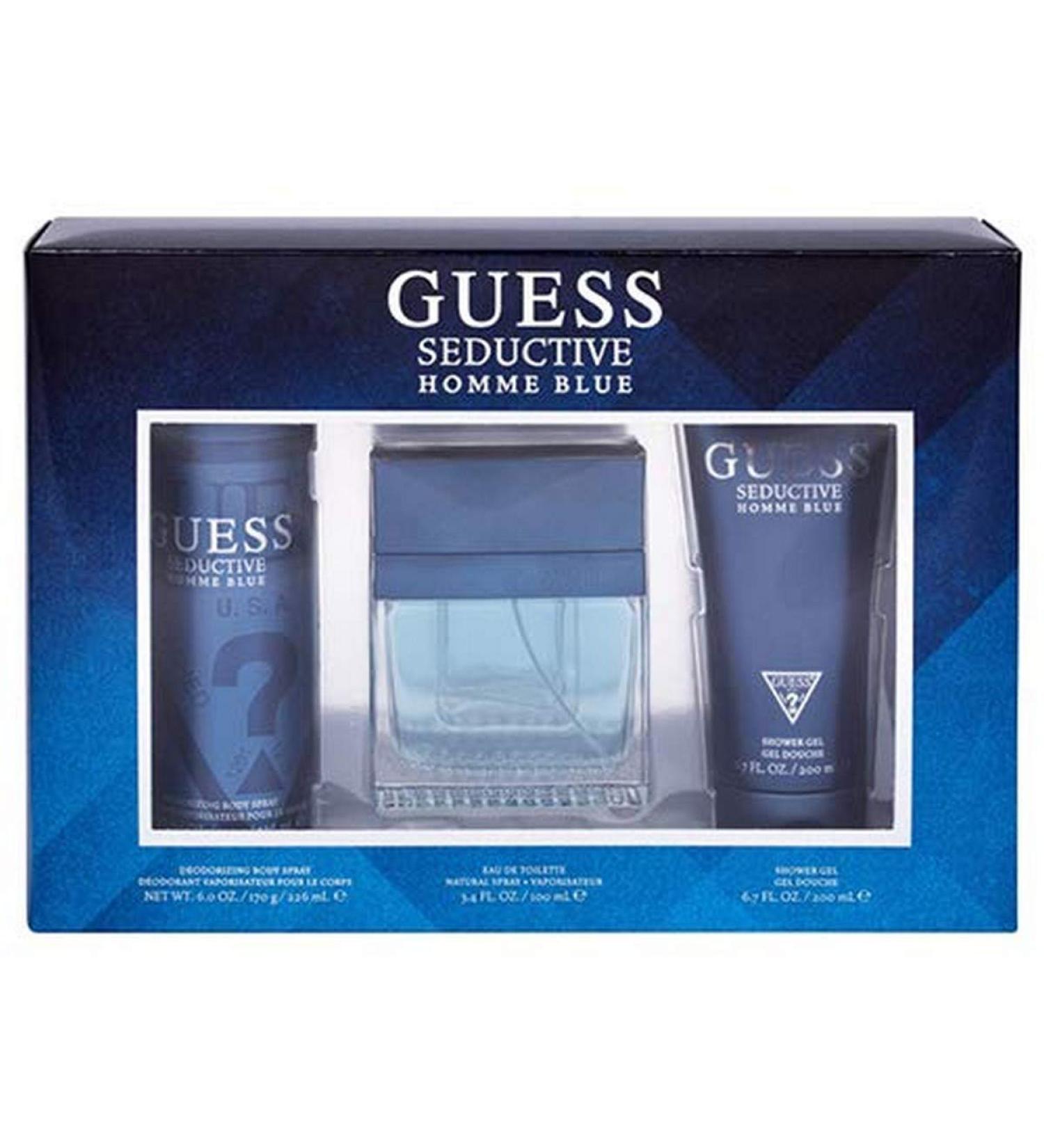 Guess Seductive Homme Blue 3 Pc Gift Set 3.4oz EDT Spray 6.0oz Deodorant Body Spray 6.7oz Shower Gel GIFTSET