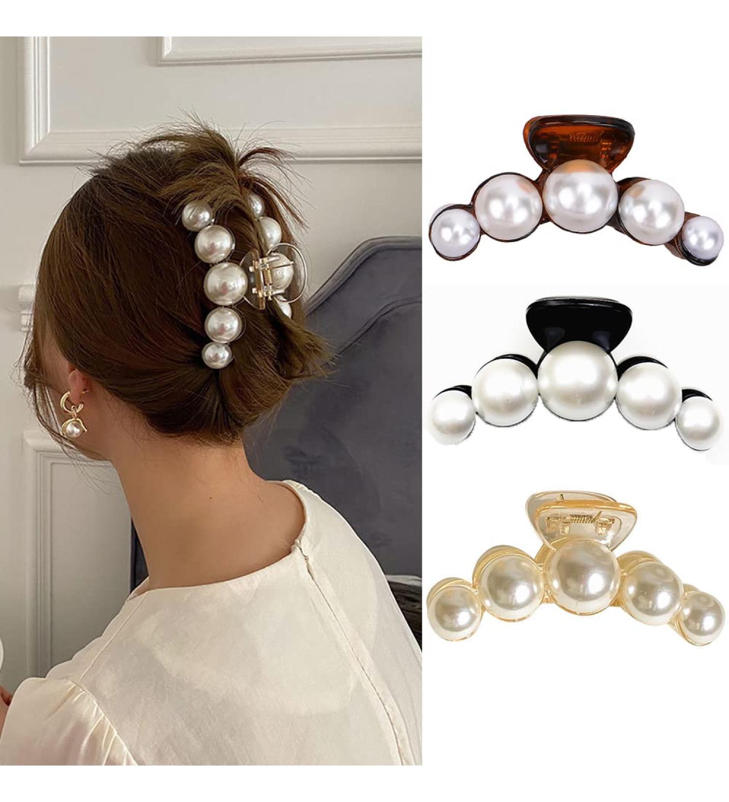 3-Piece Large Pearl Hair Claw Clips Set - White, Black, Brown | Strong Hold Acrylic Design for Women - Fashion Hair Styling Barrette & Wedding Hair Decor - Buy Online on SooperMarket.com