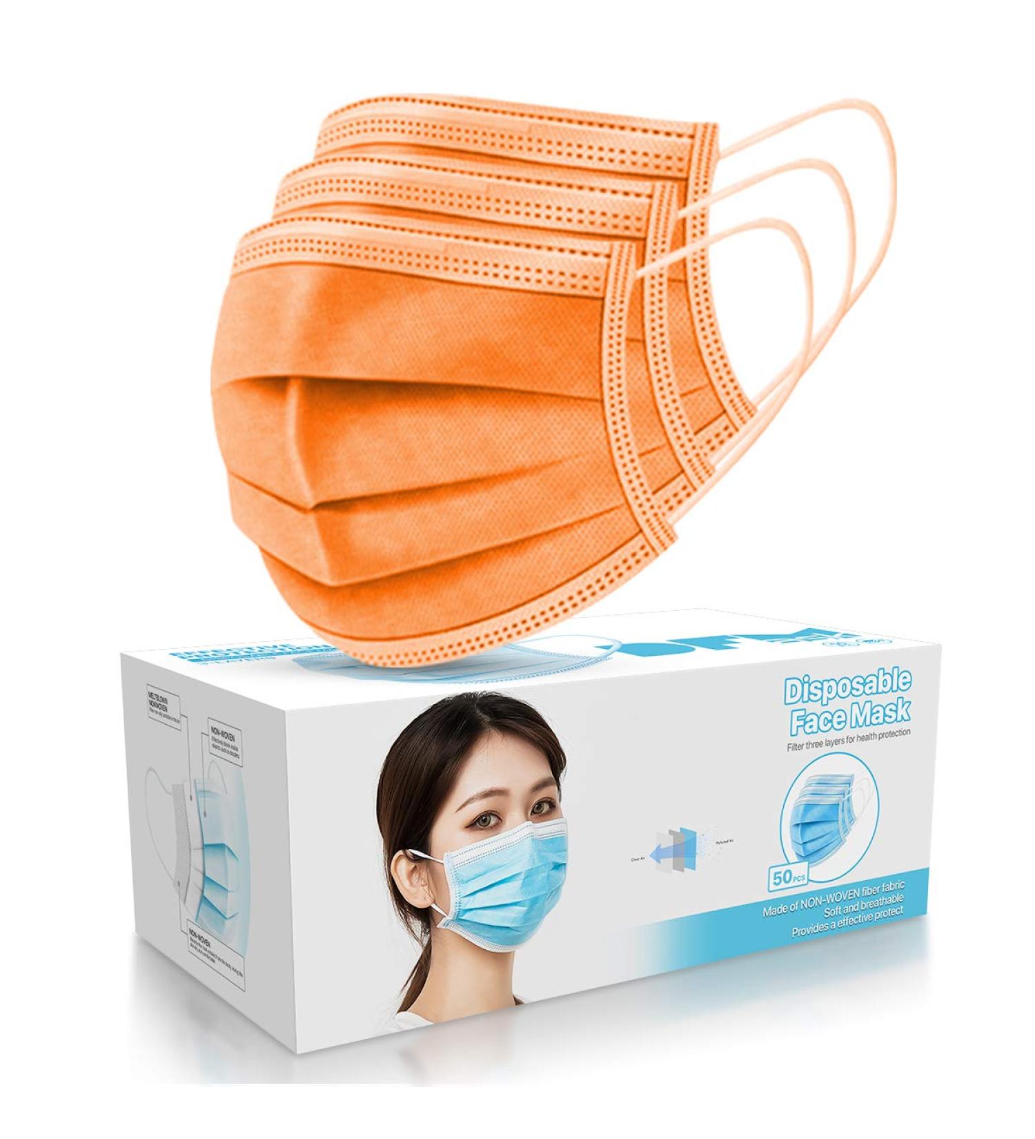 50 Pcs Disposable 3-Ply Orange Face Masks Non Surgical Earloop Mouth Cover - Buy Online on SooperMarket.com