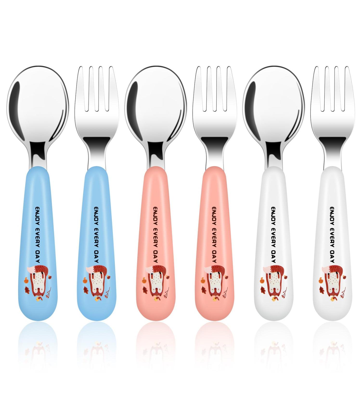 Vicloon Baby Fork and Spoon Set - Stainless Steel Cutlery for Toddlers - Fox Pink/Blue/Beige - Buy Online on SooperMarket.com