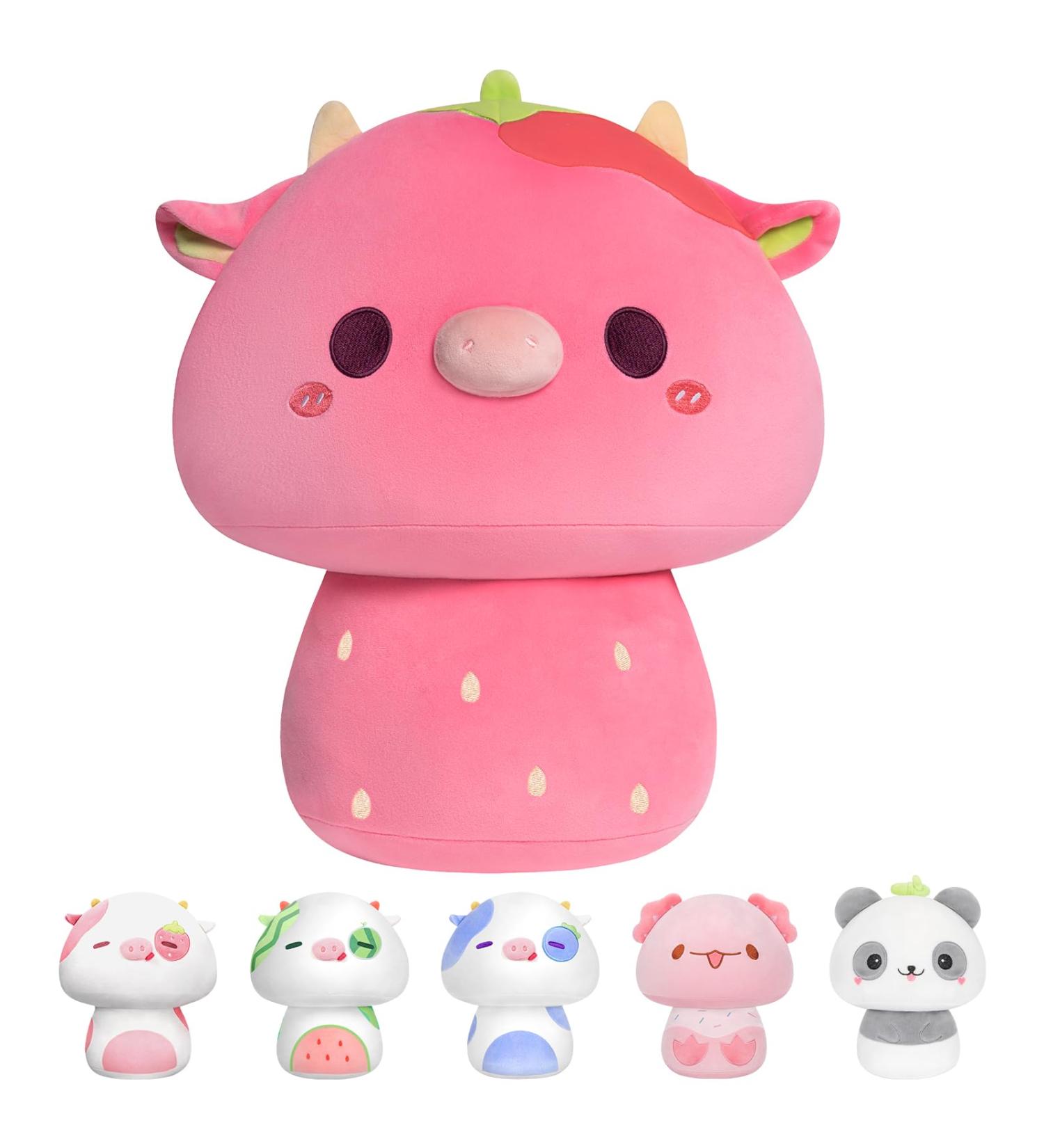 Mewaii 14'' Strawberry Cow Mushroom Soft Pillow Stuffed Animal Plush - Cuddly Pink Cow Toy for Kids - Buy Online on SooperMarket.com