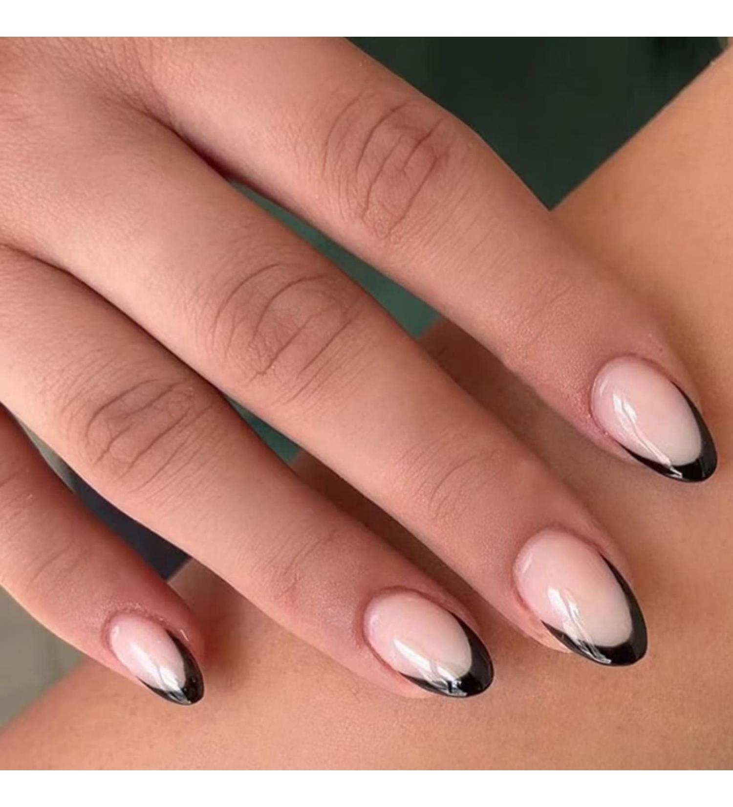 RUNRAYAY Short Almond French Tips Press on Nails | Glossy Black Stick on False Nails - 24Pcs - Buy Online on SooperMarket.com