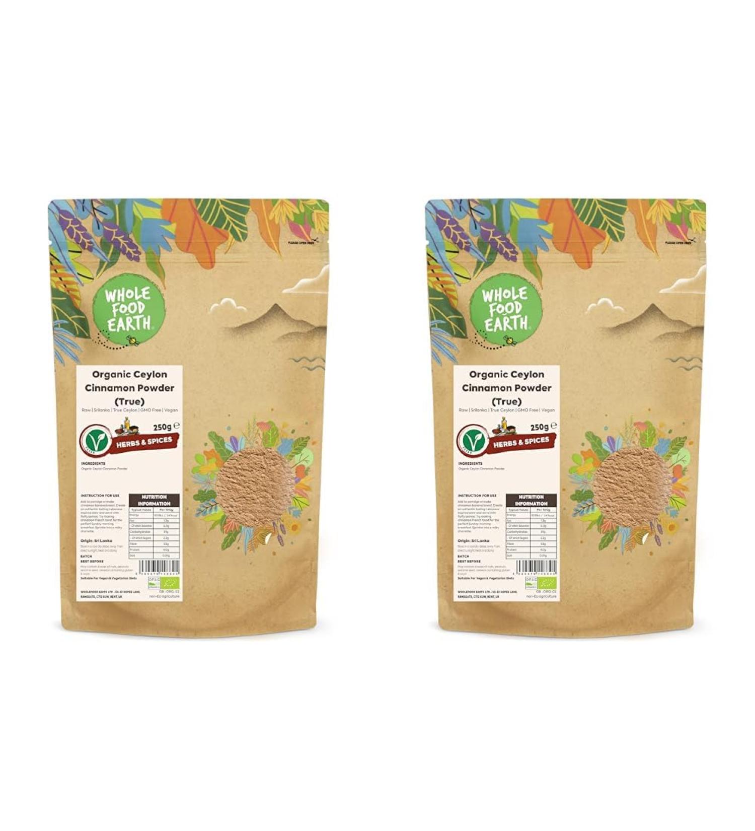 Wholefood Earth Organic Ceylon Cinnamon Powder (True) 250g Raw | Srilanka | True Ceylon | GMO Free | Vegan | Certified Organic (Pack of 2) 250g (Pack of 2) - Buy Online on SooperMarket.com