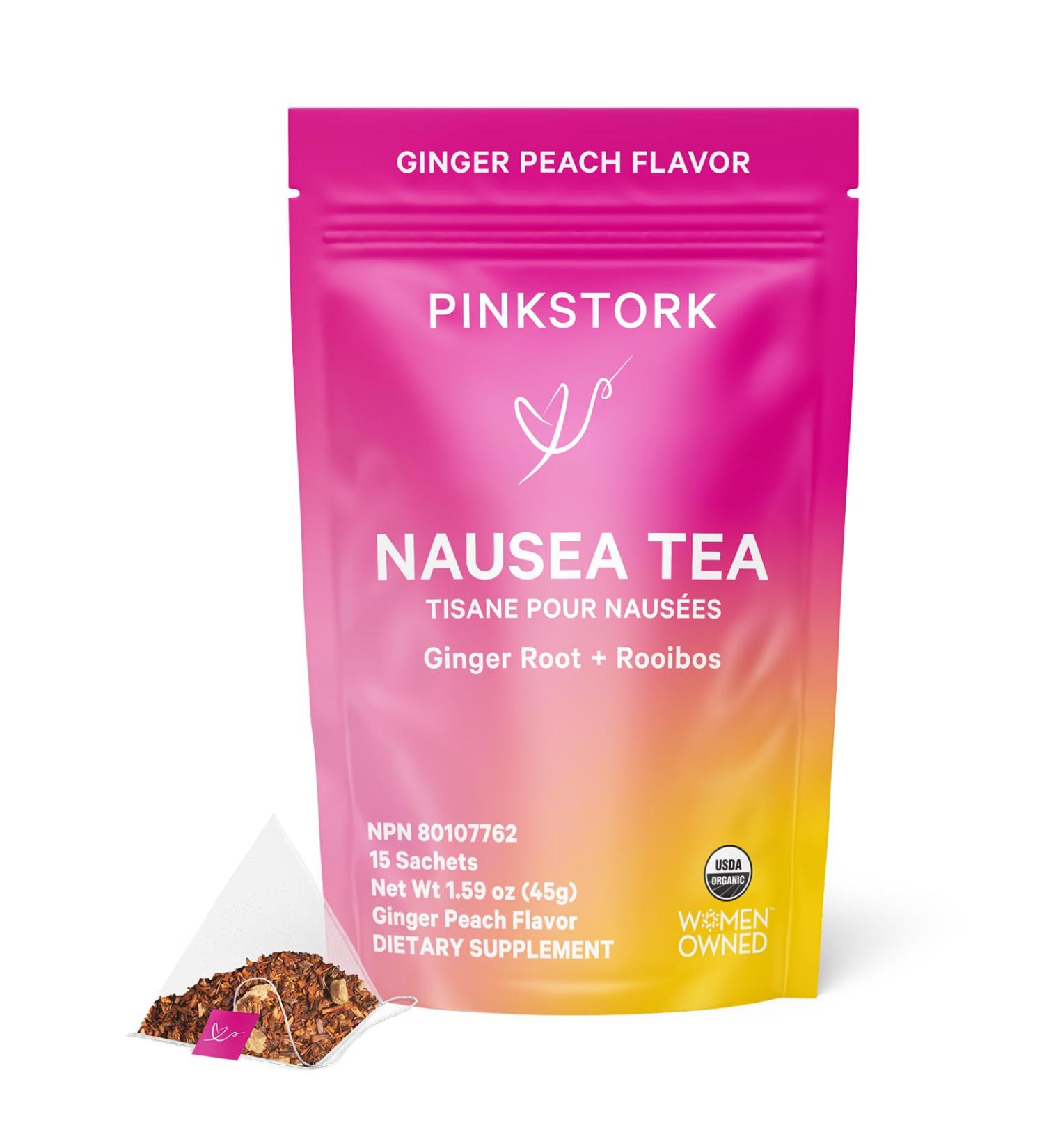 Pink Stork Nausea Relief Tea: 100% Organic Nausea Relief Tea Ginger Tea for Motion Sickness Digestion Nausea Relief for Women Women-Owned Ginger Peach 30 Cups - Buy Online on SooperMarket.com