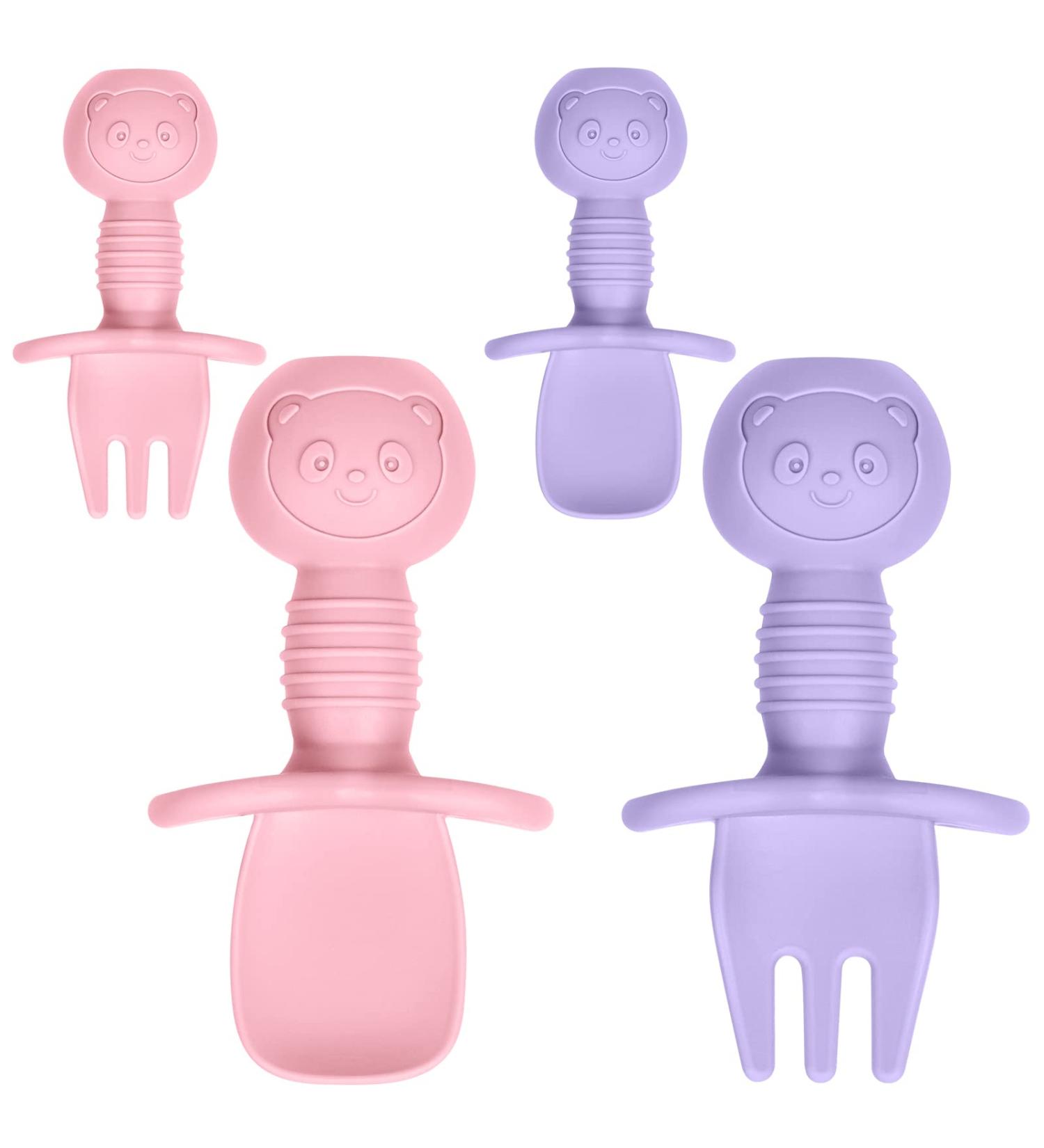 Vicloon Baby Fork and Spoon Set - 4Pcs Silicone Self Feeding Utensil for Infant, Toddler Cutlery Kit - Purple-Pink Color, Easy Grip, Ideal for Baby Weaning and Training - Buy Online on SooperMarket.com