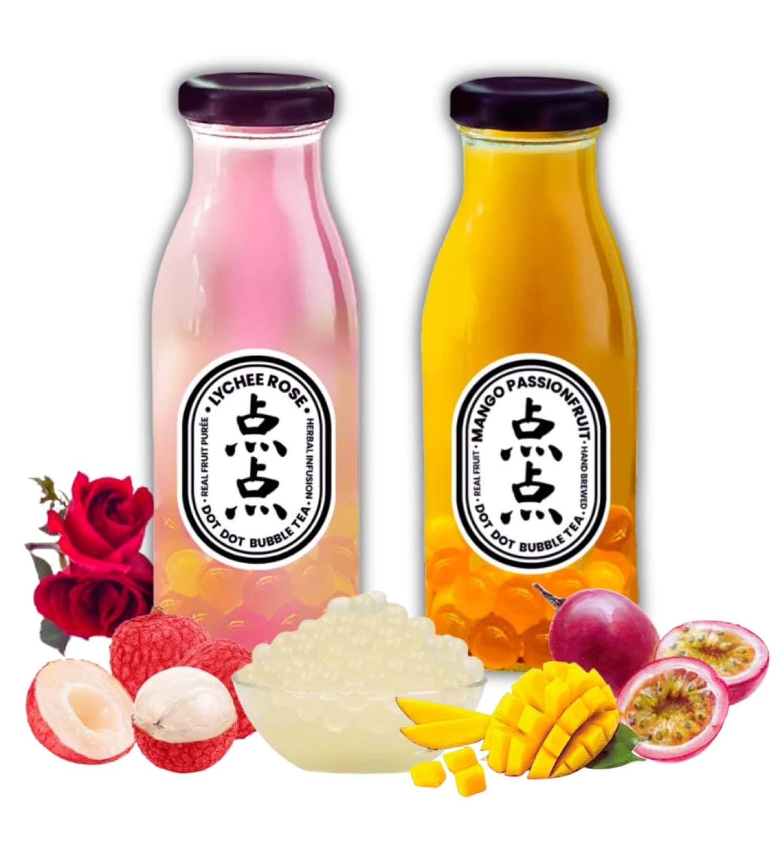 Dot Dot Bubble Tea Duo | Authentic Taste of Hong Kong Fruit Bubble Tea pearls | Assorted flavours Lychee Rose and Mango Passionfruit in Convenient 250ml Bottles (pack of 2) - Buy Online on SooperMarket.com