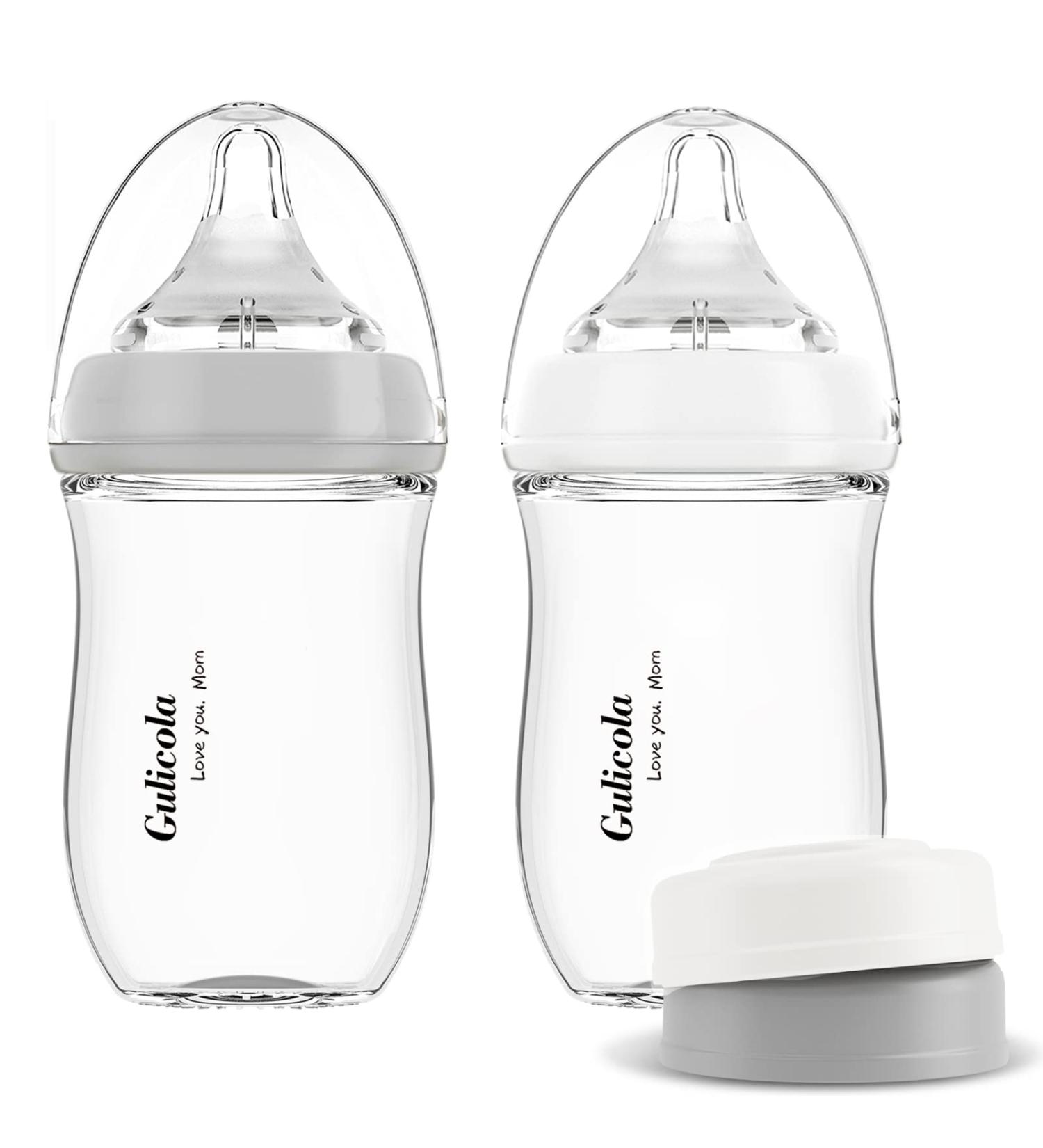 Gulicola Natural Glass Baby Bottle 5oz 2-Pack Medium Flow Anti-Colic for Breastfed Babies 3 Months+ - Grey White - Buy Online on SooperMarket.com