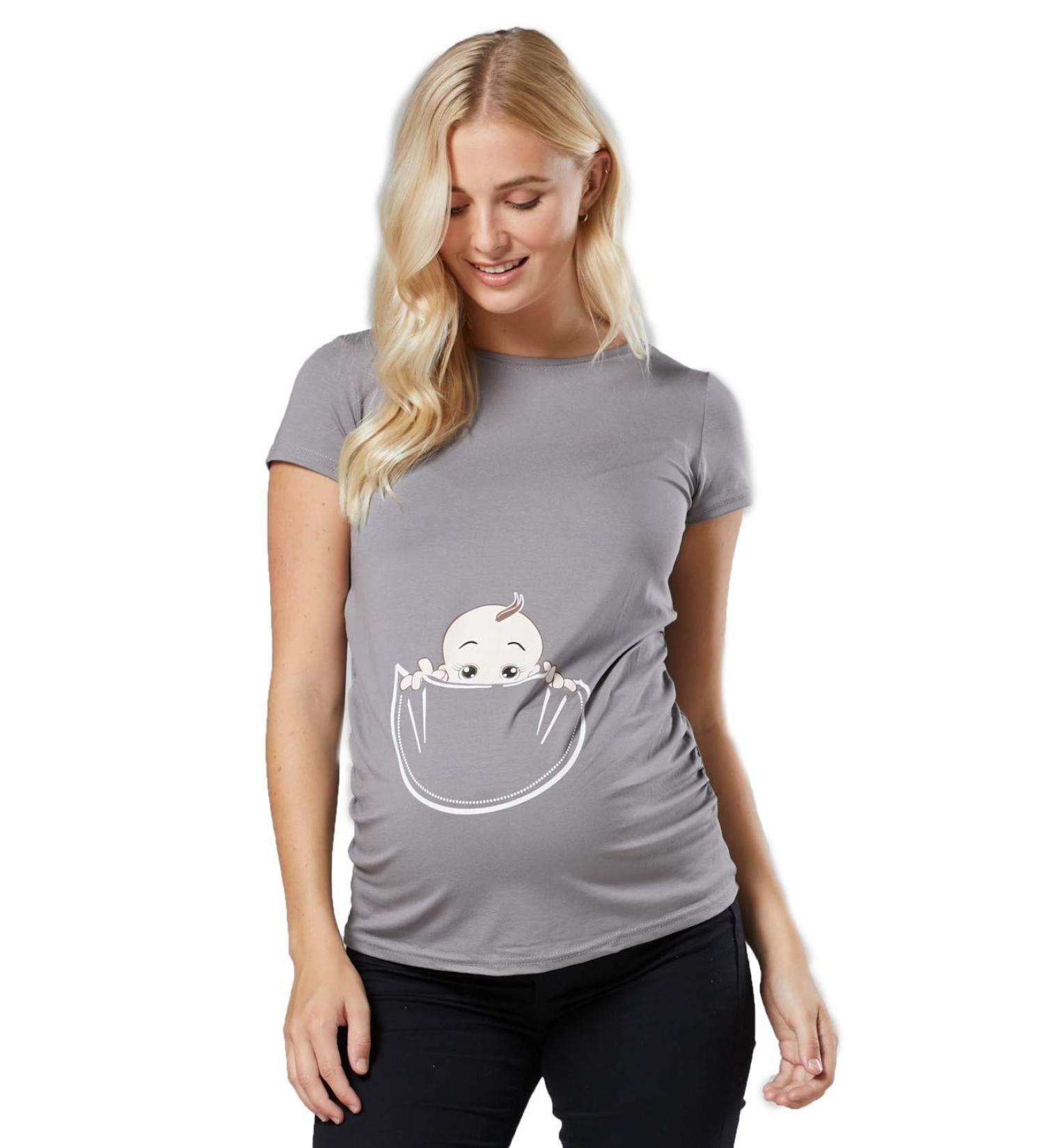 HAPPY MAMA Women's Maternity T-Shirt Top Tee Shirt with Baby in Pocket Print - Steel Grey (Size 18-20) - Buy Online on SooperMarket.com