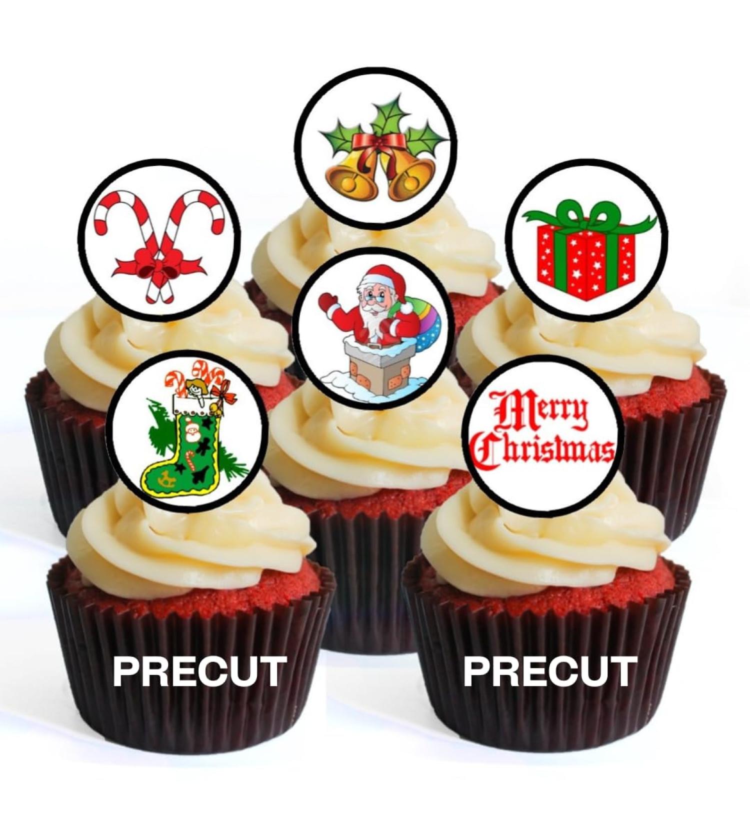PRECUT Christmas Edible Cupcake Toppers - Festive Mix #1 Premium Thickness SWEETENED VANILLA - wafer card disc cake decorations (Pack of 12) - Buy Online on SooperMarket.com