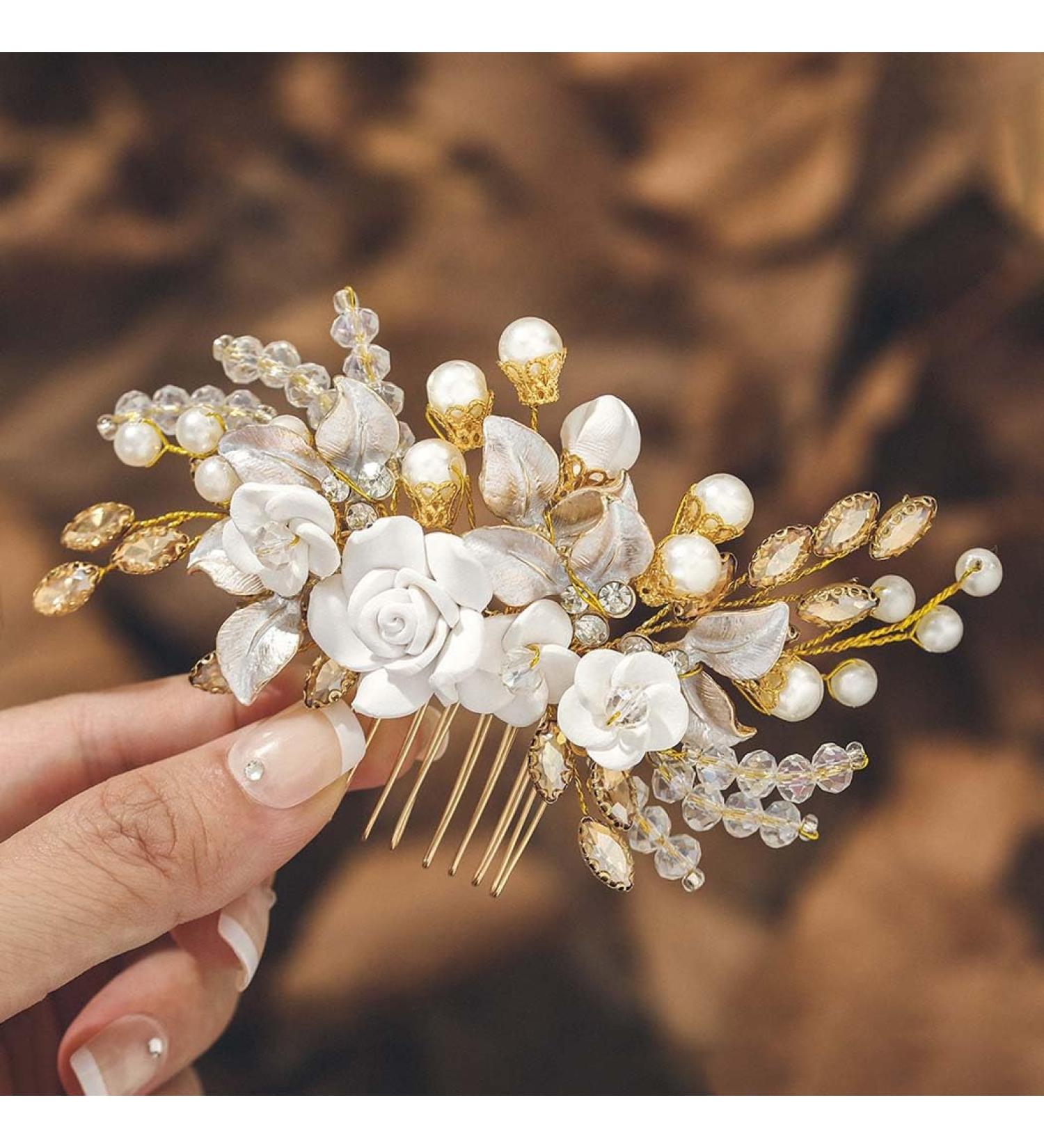 IYOU Flower Bridal Hair Comb Gold Crystal Bride Hair Accessories Leaf Pearl Wedding Side Combs Headpiece for Women - Buy Online on SooperMarket.com