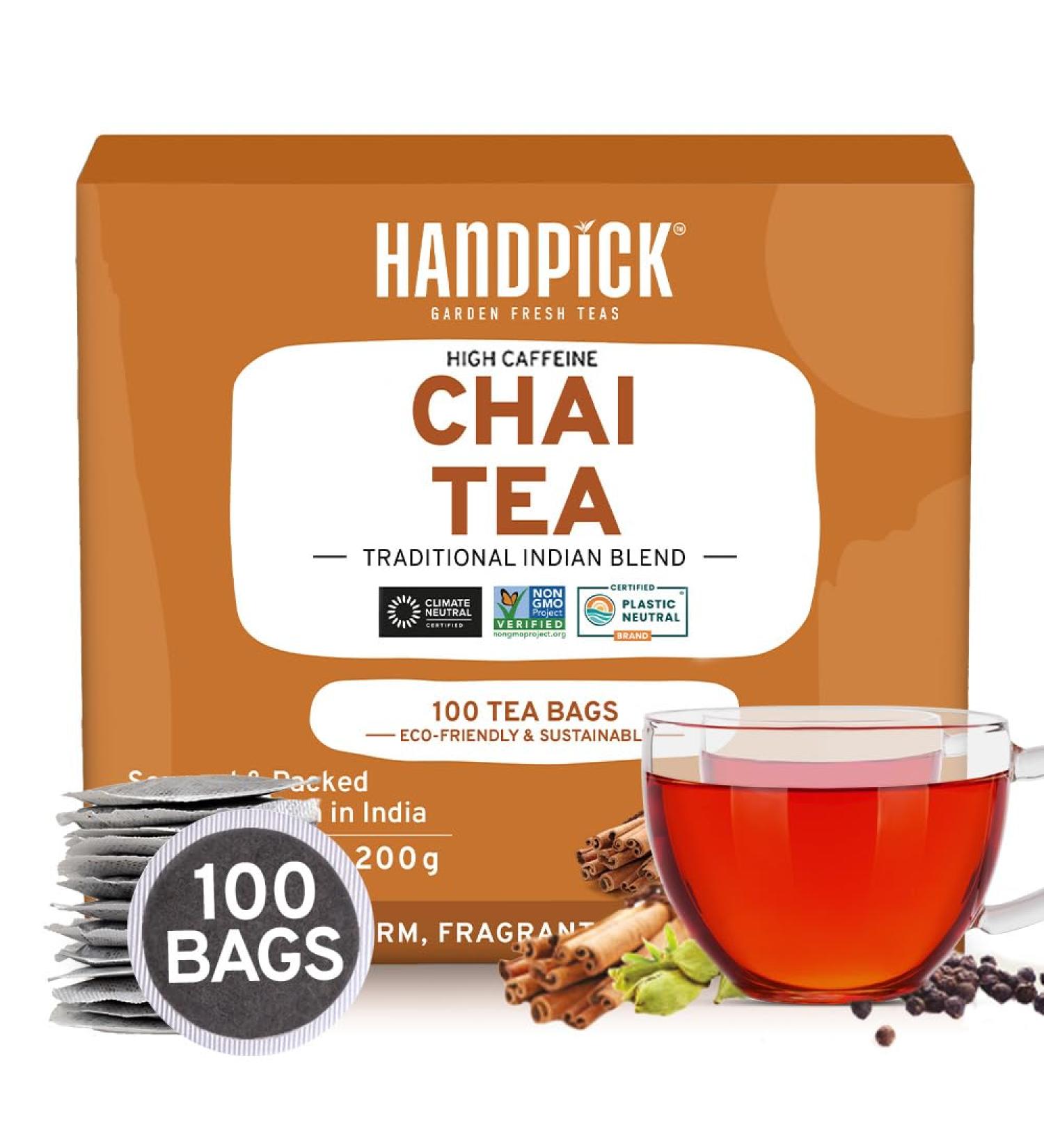 Handpick Masala Chai Tea Bags 100 Count - Strong & Aromatic Blend with Cinnamon, Pepper, Cloves & Cardamom - Premium Quality Round Bags - Eco-conscious Packaging - Buy Online on SooperMarket.com