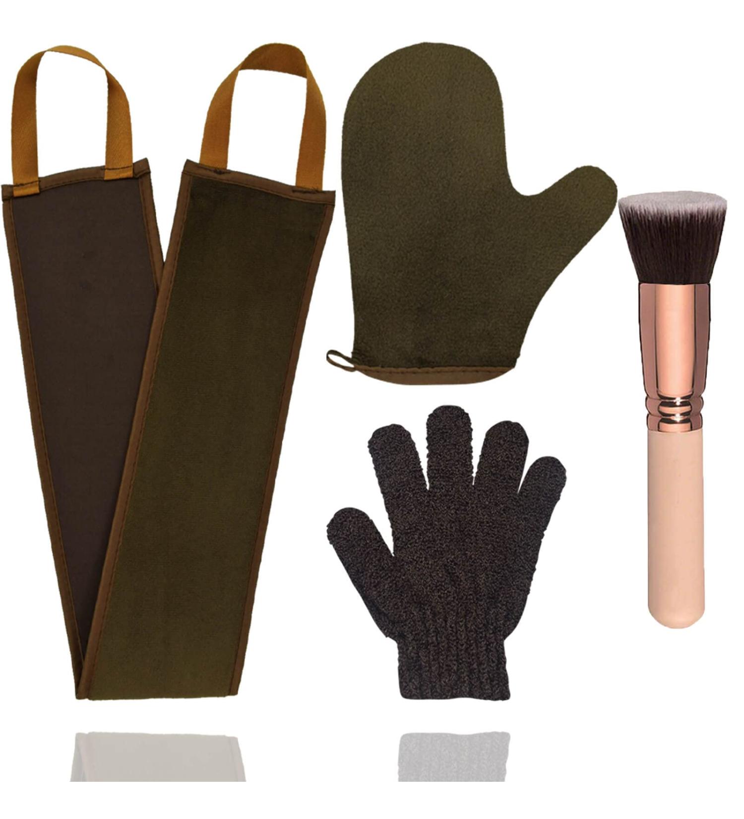 4 Pack Self Tanning Kit with Mitt, Back Applicator, Exfoliating Glove & Face Tanner Brush - Brown - Buy Online on SooperMarket.com