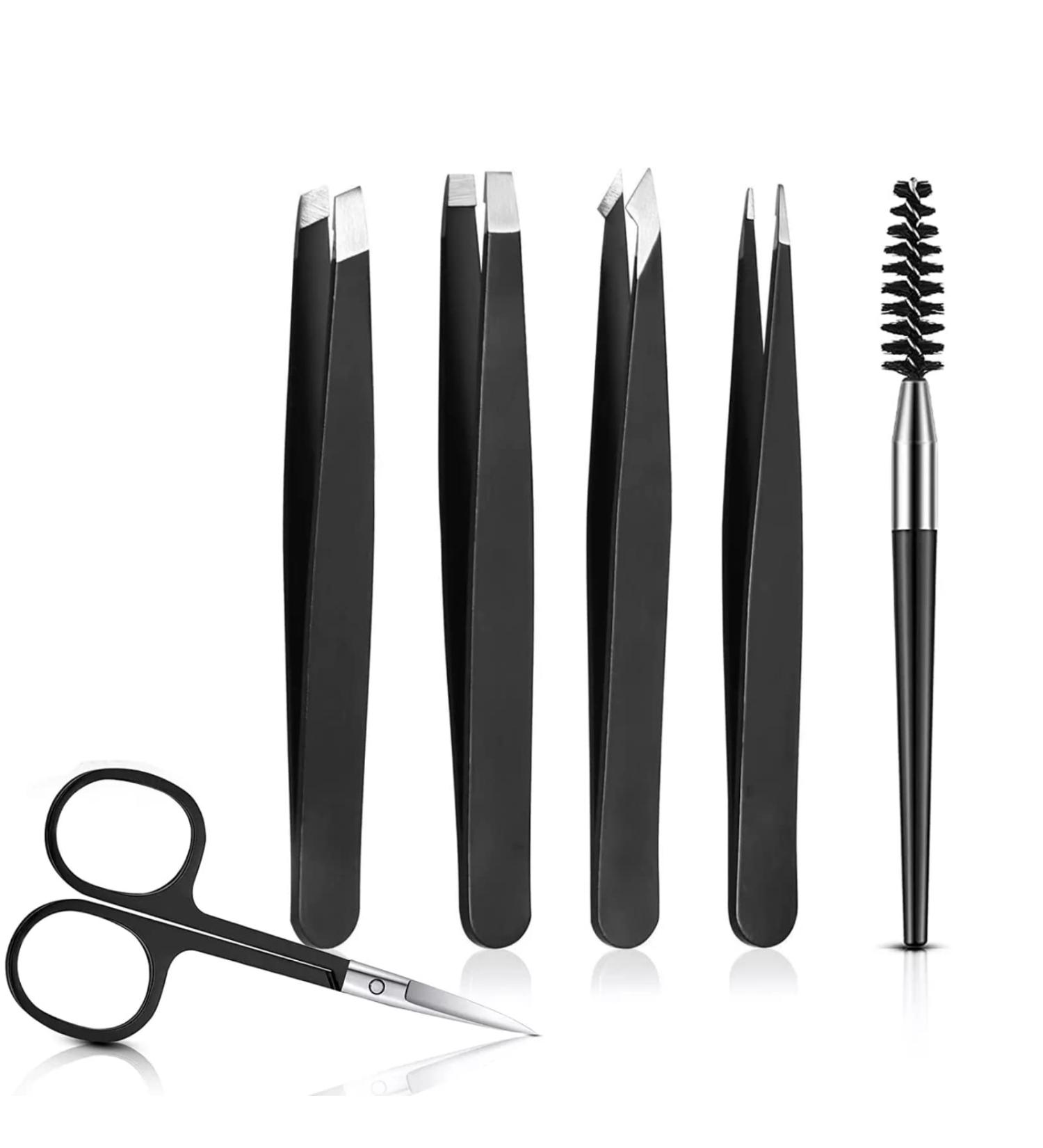 Womens Eyebrow Tweezers Set - 4Pcs Slant Pointed Precision Tweezers for Ingrown Hair Removal - Includes Curved Scissors and Brow Brush - Travel Case Included - Buy Online on SooperMarket.com
