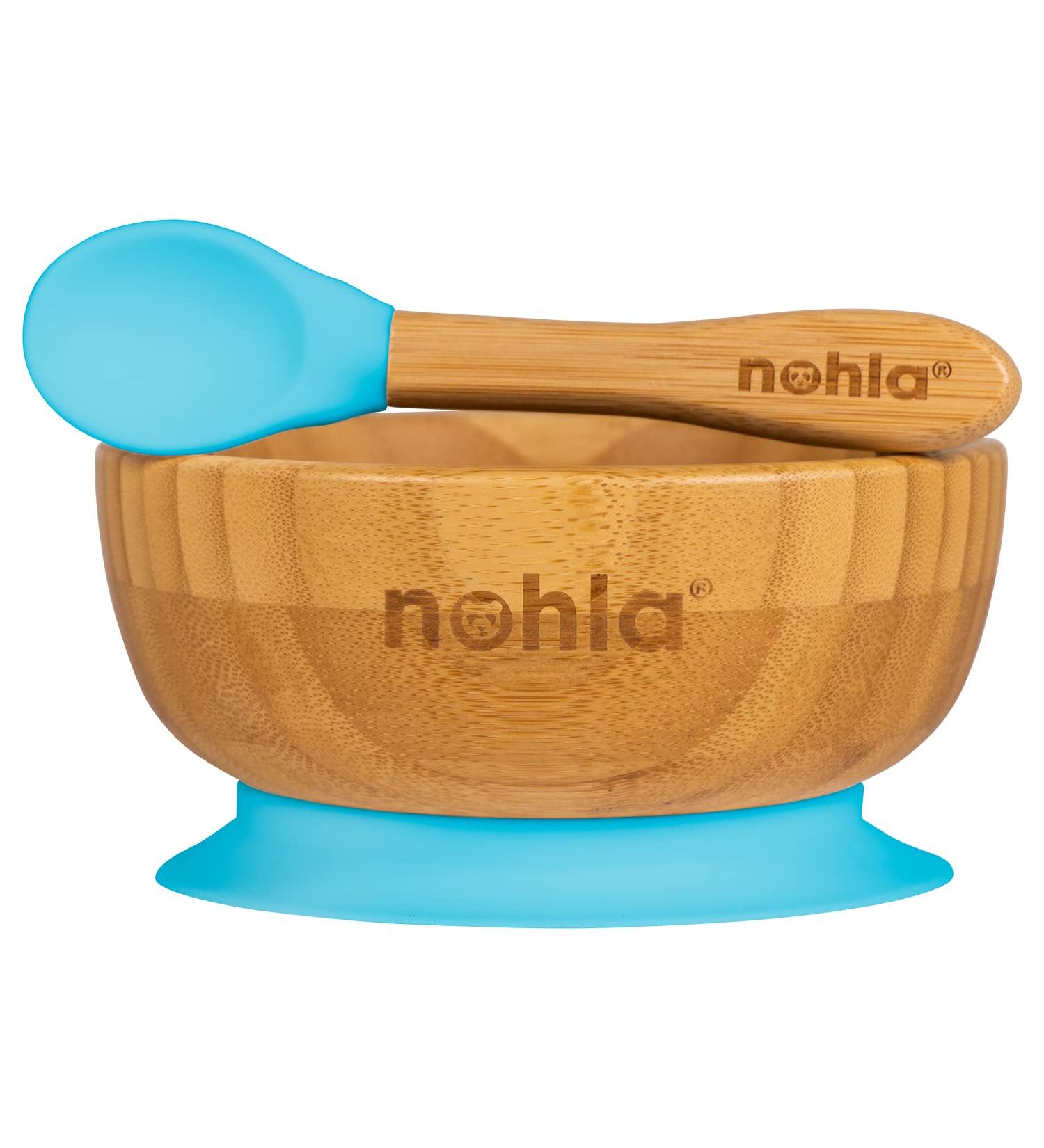 nohla - Bamboo Baby Weaning Suction Bowl and Spoon Set - Blue - 350ml Capacity - 100% Natural & Organic BPA-Free Silicone - Toddler Mealtime Essentials Blue Bowl