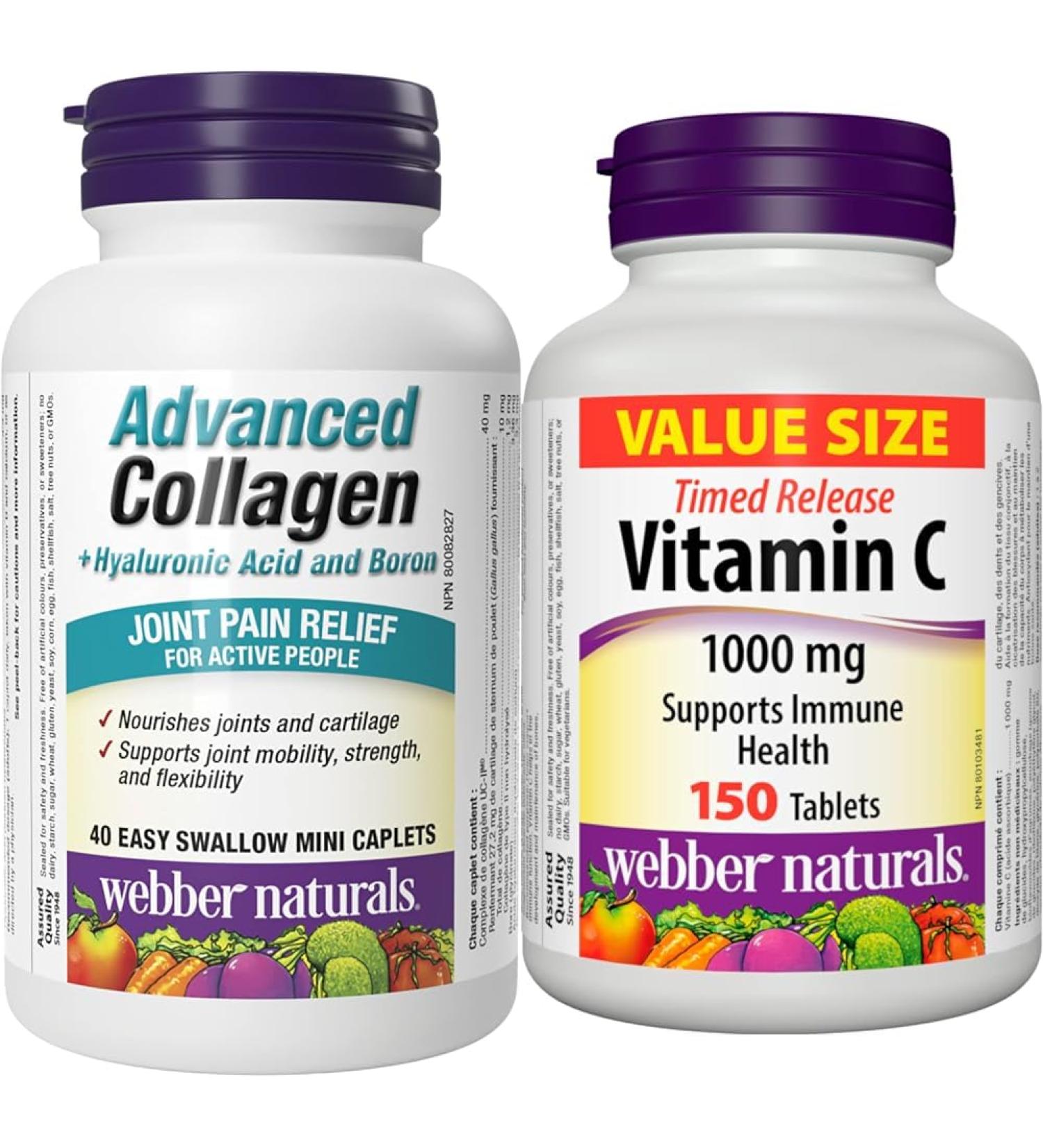 Webber Naturals Advanced Collagen with Hyaluronic Acid and Boron 40 Mini Caplets & Vitamin C Timed Release 1000 mg 150 Tablets For Bones Teeth Immune and Antioxidant Health - Buy Online on SooperMarket.com