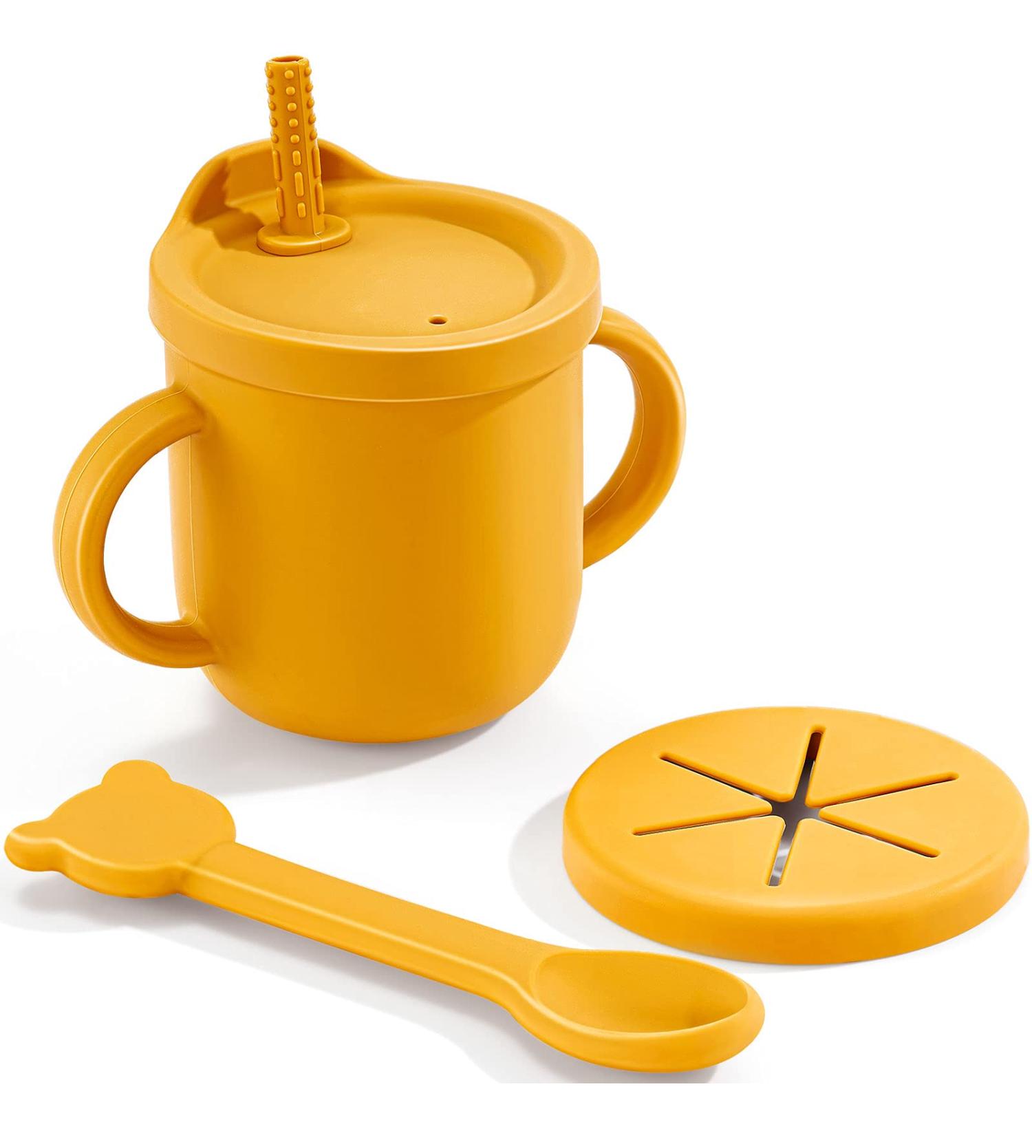 CHENGU Silicone Snack Cup | Spill Proof Food Container for Toddler Baby | Teether Straw & Spoon | 9 Ounce (Yellow) - Buy Online on SooperMarket.com