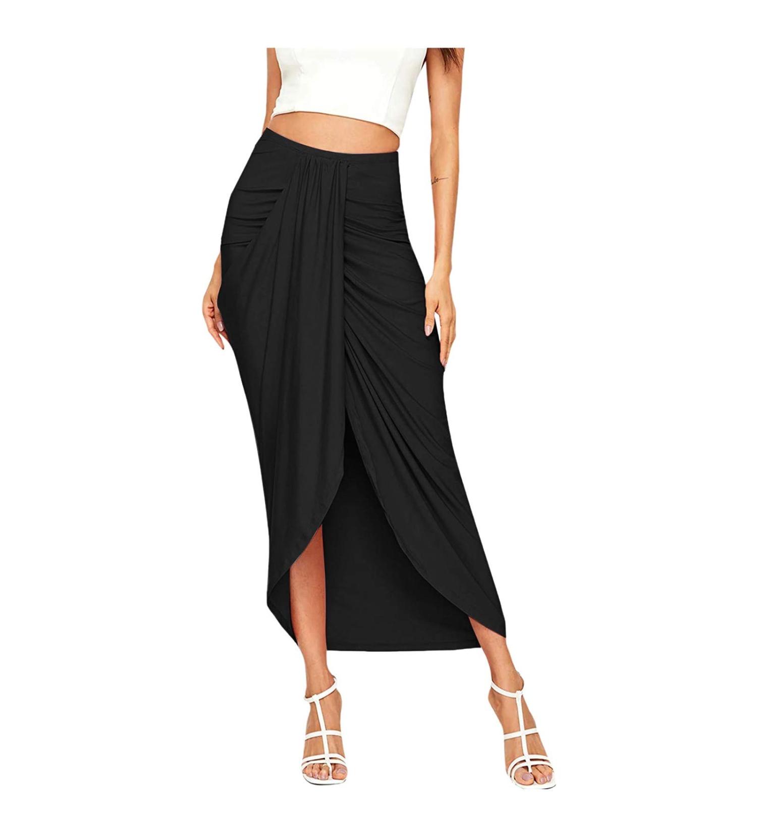 Sanahy Women's Casual Boho Maxi Wrap Skirt in Black | Elastic High Waist | Asymmetrical Slit Design | Perfect for Summer Beach Days - Buy Online on SooperMarket.com