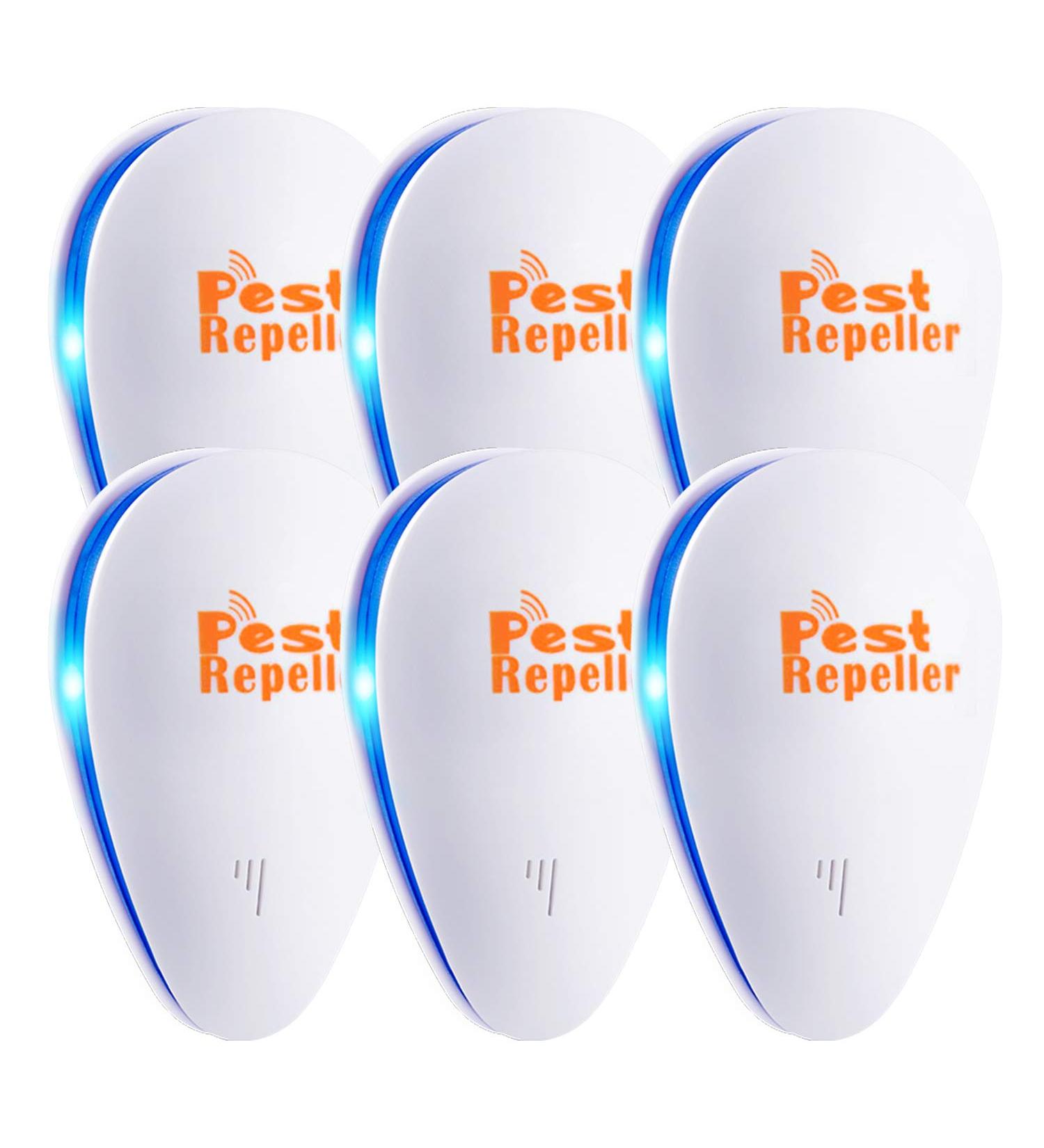 Set of 6 Ultrasonic Pest Repellers - Electronic Plug-in Indoor Repellent for Fleas, Insects, Mosquitoes, Mice, Spiders, Ants, Rats, Roaches, Bugs - Non-Toxic for Humans & Pets - White - Buy Online on SooperMarket.com
