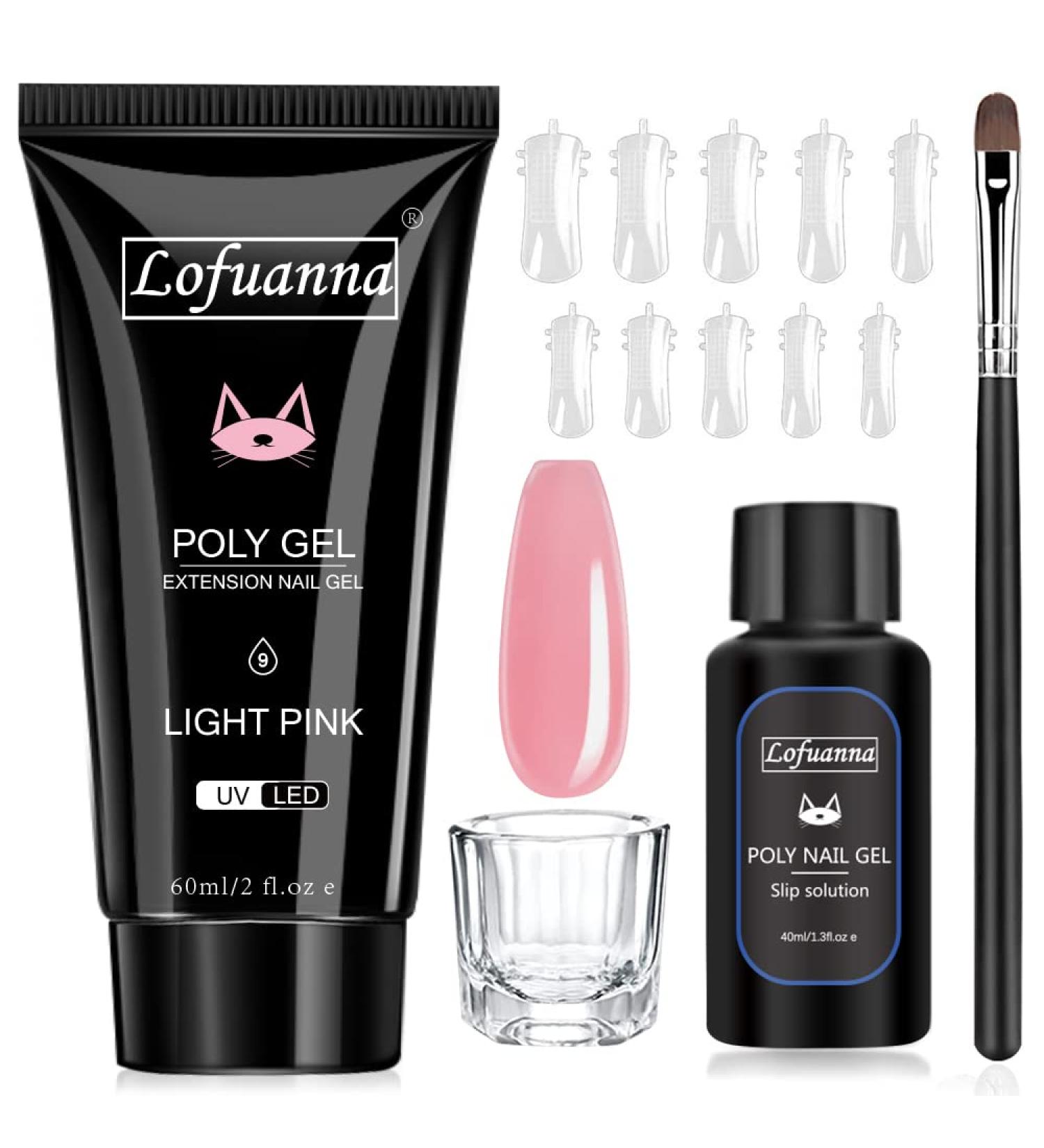 Lofuanna Poly Nail Gel Set 60ml - Pink Nail Extension Gel Kit with Slip Solution Nail Forms Brush & Glass Cup | Perfect for Nail Art Beginners - Buy Online on SooperMarket.com
