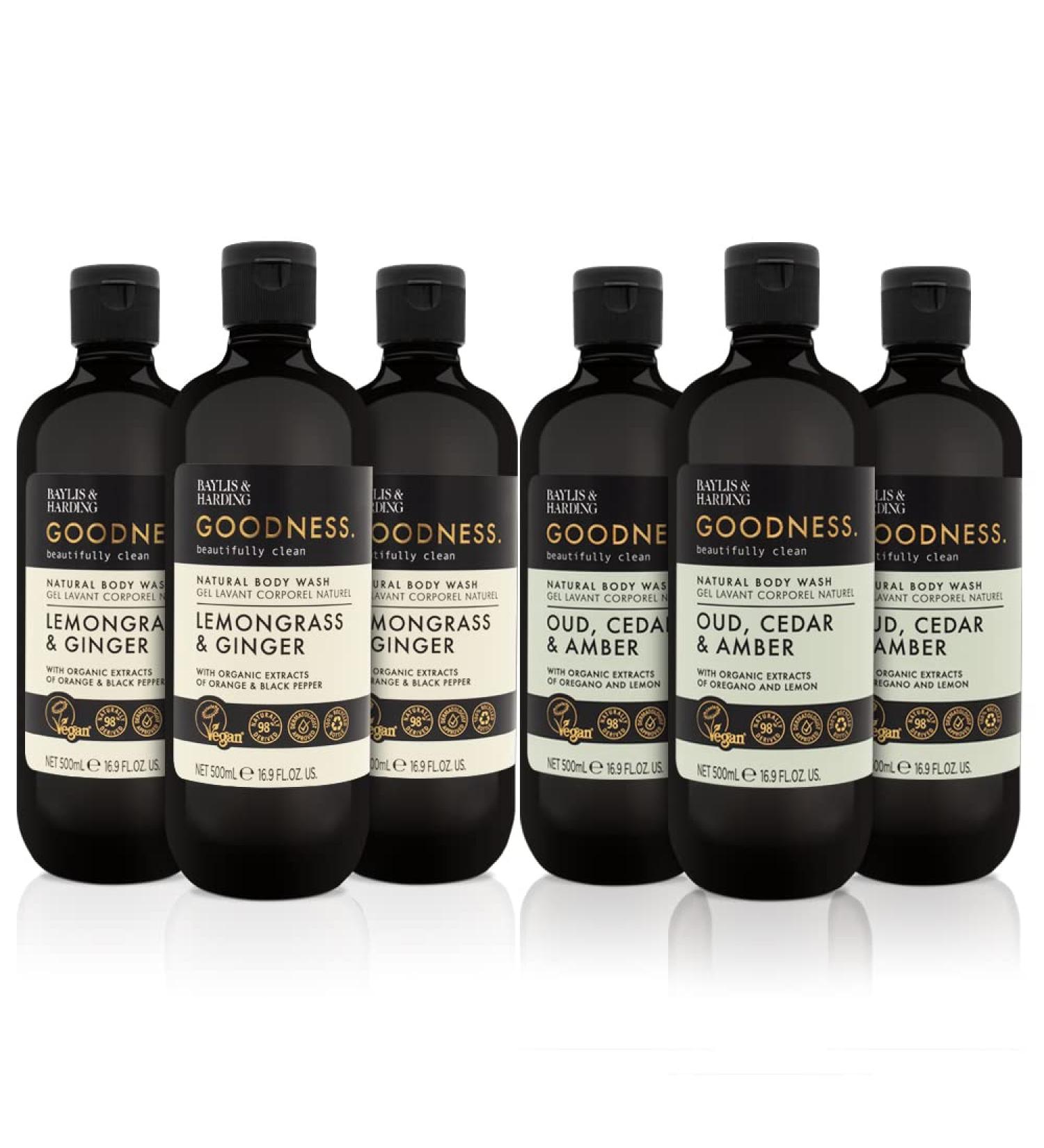 Baylis & Harding Goodness Body Wash Bundle - 6 x 500ml Vegan Friendly Body Wash (Lemongrass & Ginger, Oud Cedar & Amber) - Buy Online on SooperMarket.com
