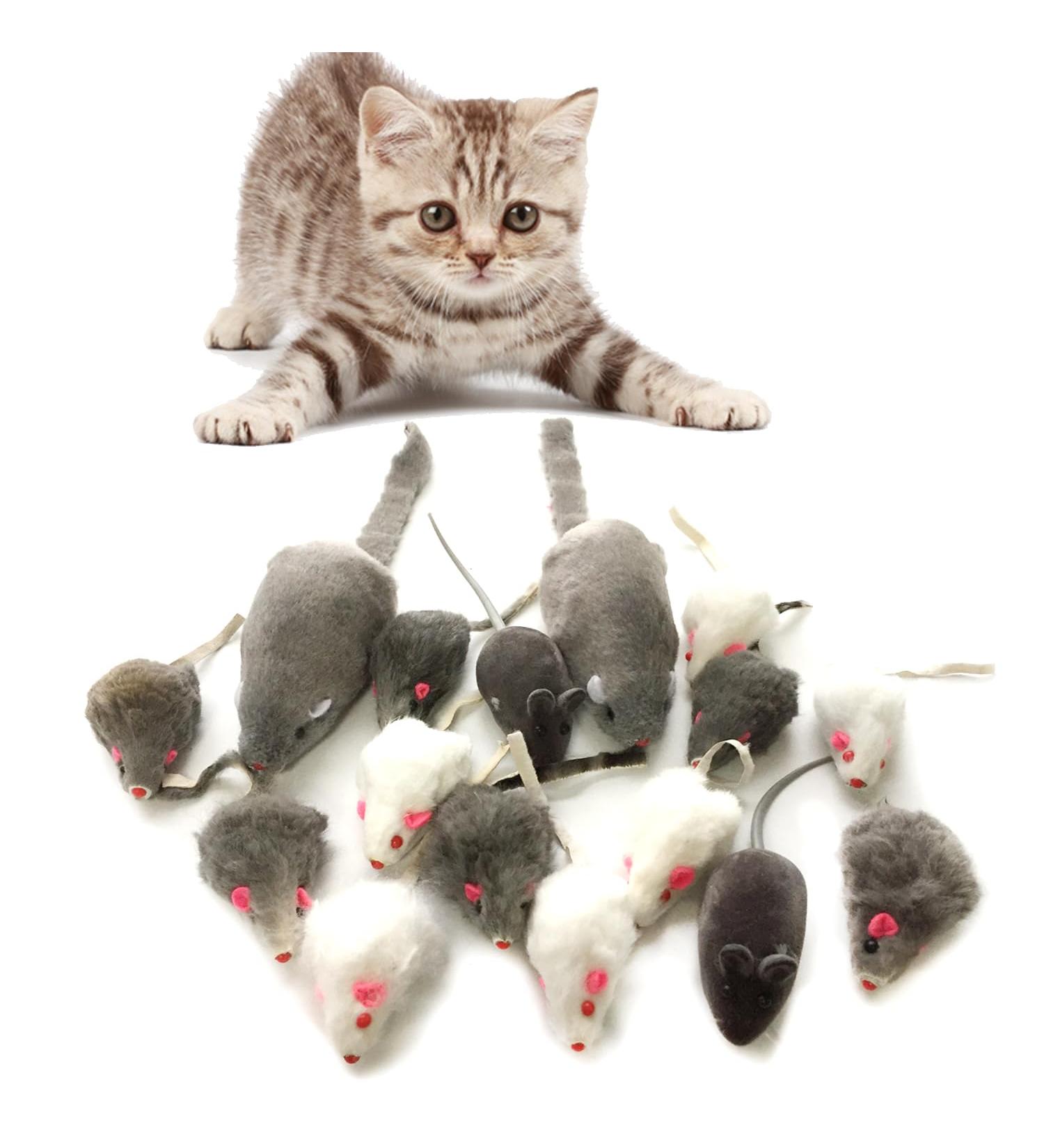 QUOZUO Cat Mouse Toys Rattle Furry Cat Mice Pet Toys with Rattles for Pet Cat Kitten 16pcs Black and white - Buy Online on SooperMarket.com