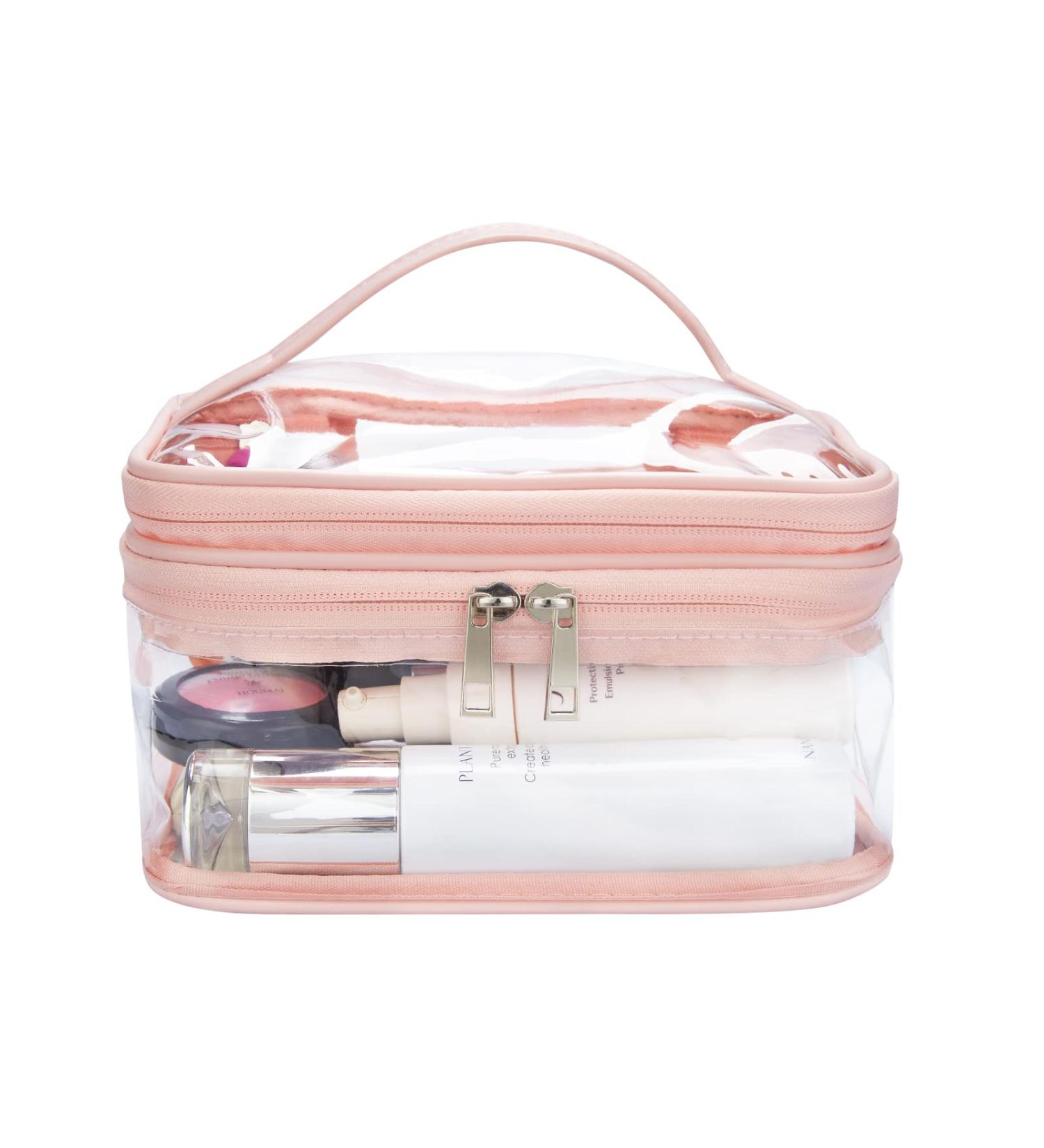 HAOGUAGUA Double Layer Clear Cosmetic Bag | Waterproof Travel Toiletry Bag | Transparent PVC Hair & Nail Accessories Pouch | Pink Beach Bag Organizer - Buy Online on SooperMarket.com