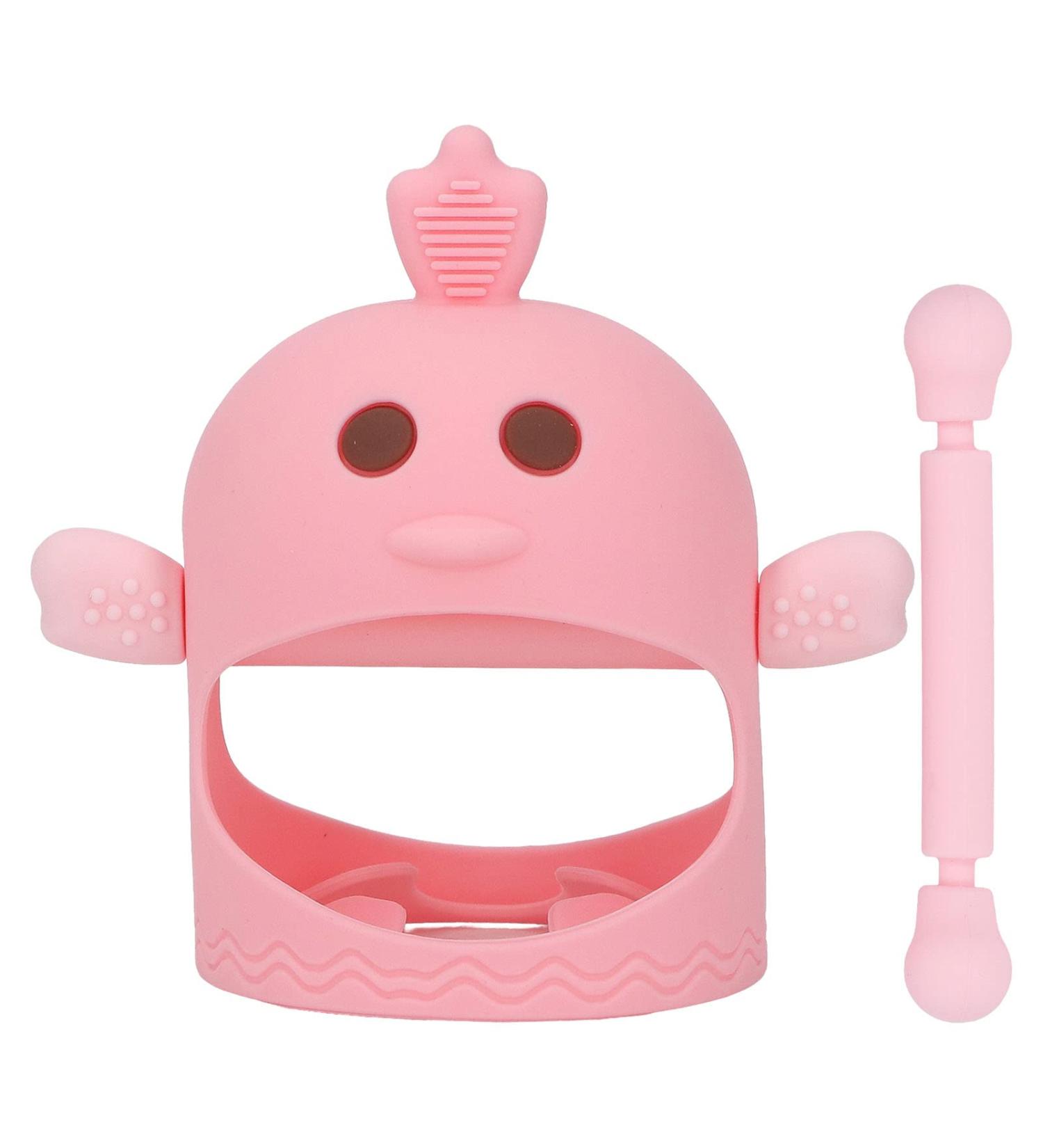 Silicone Chick Shape Baby Teether with 2 Teether Stems - Cherry Powder Color - Daytime and Nighttime Teething Relief - Cute and Safe Chew Toy - Buy Online on SooperMarket.com