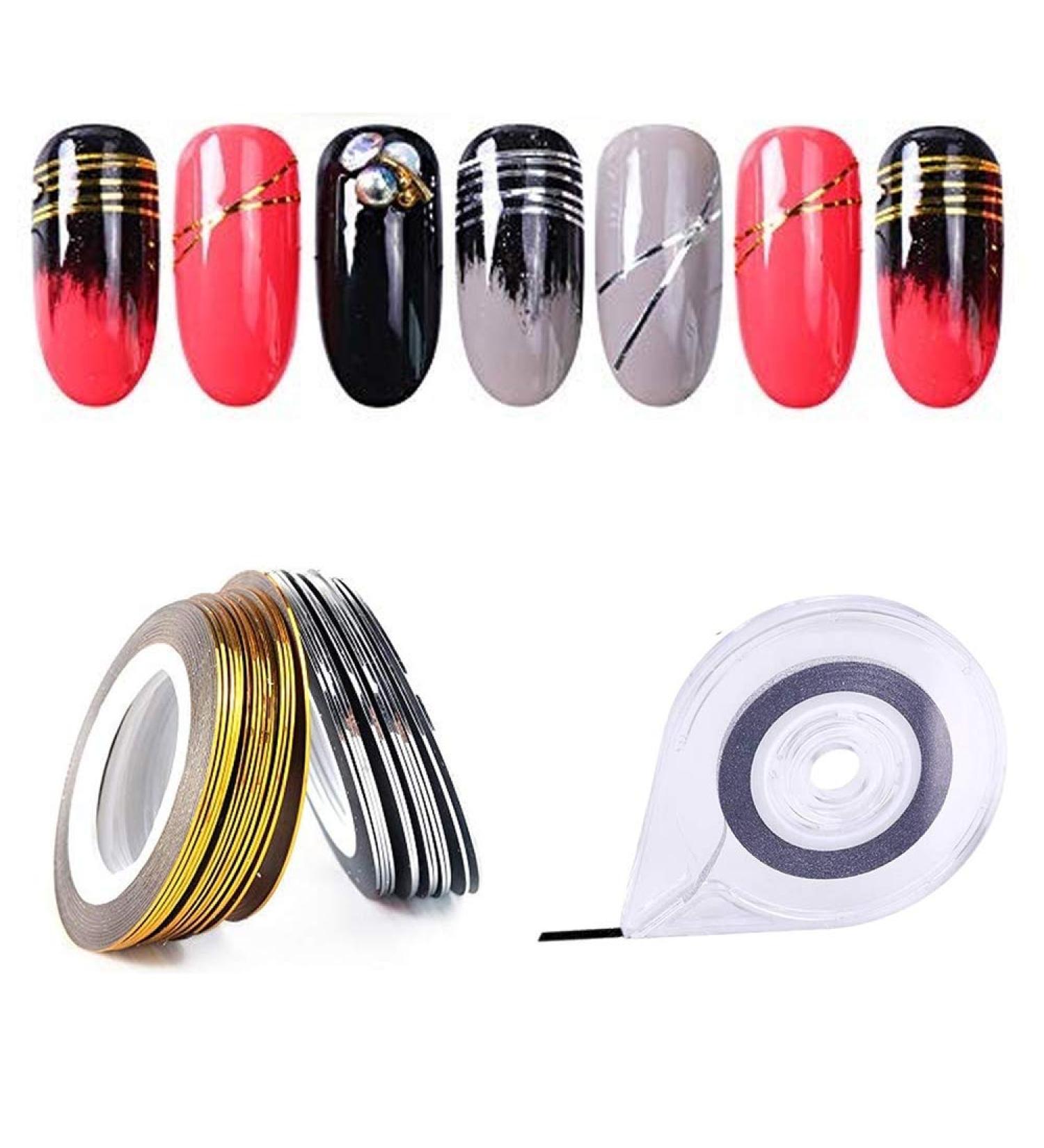 JIAHAO 2Pcs Gold/Silver Striping Tape Line Nail Art Decoration Sticker Set with Dispensers - DIY Nail Tip Design - Buy Online on SooperMarket.com