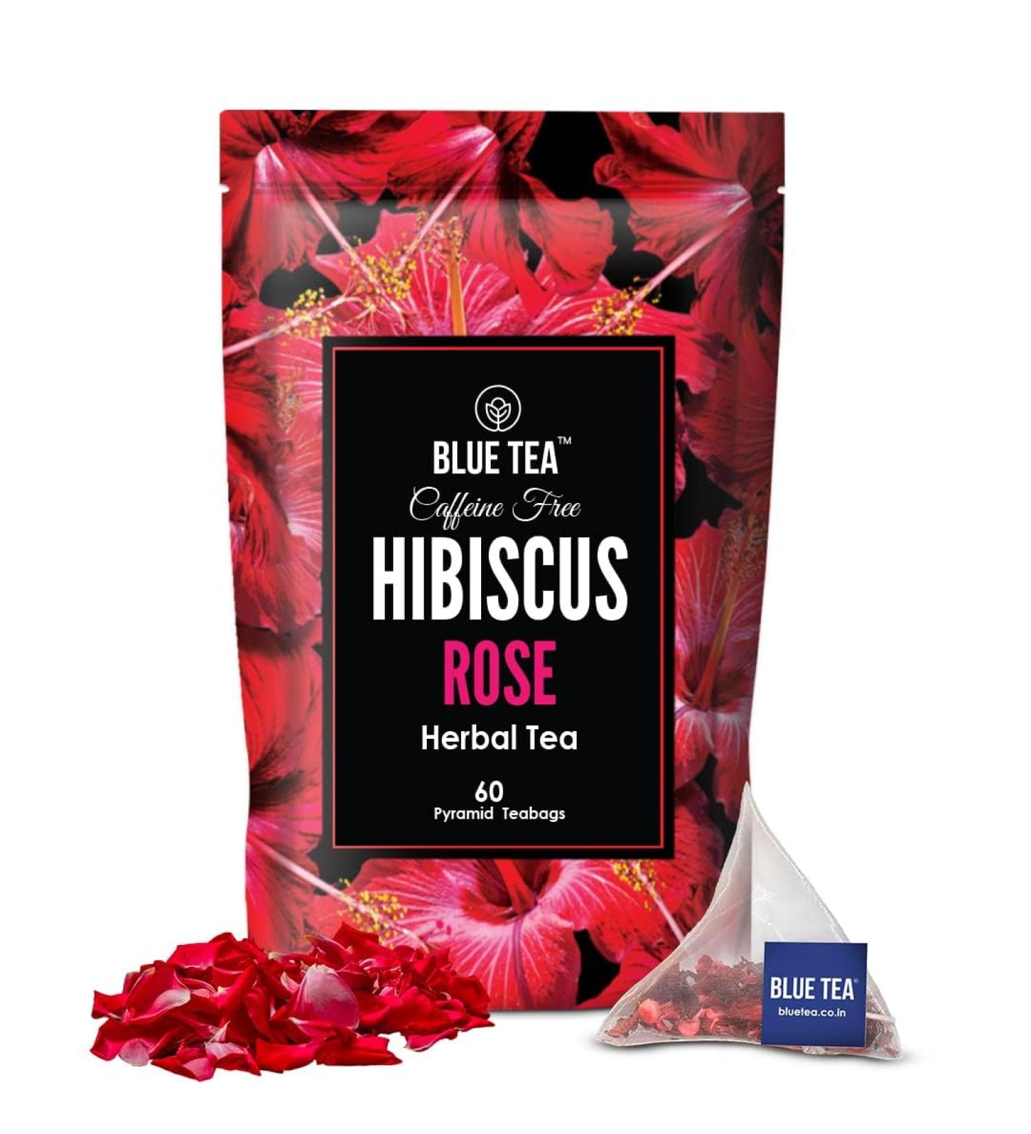 BLUE TEA - Hibiscus Rose Herbal Tea - 60 Tea Bags || CAFFEINE FREE || Hibiscus + Rose | Christmas Tea Gifts | Vegan - Gluten Free - Non-GMO | Eco-Conscious Ziplock Pouch - Buy Online on SooperMarket.com