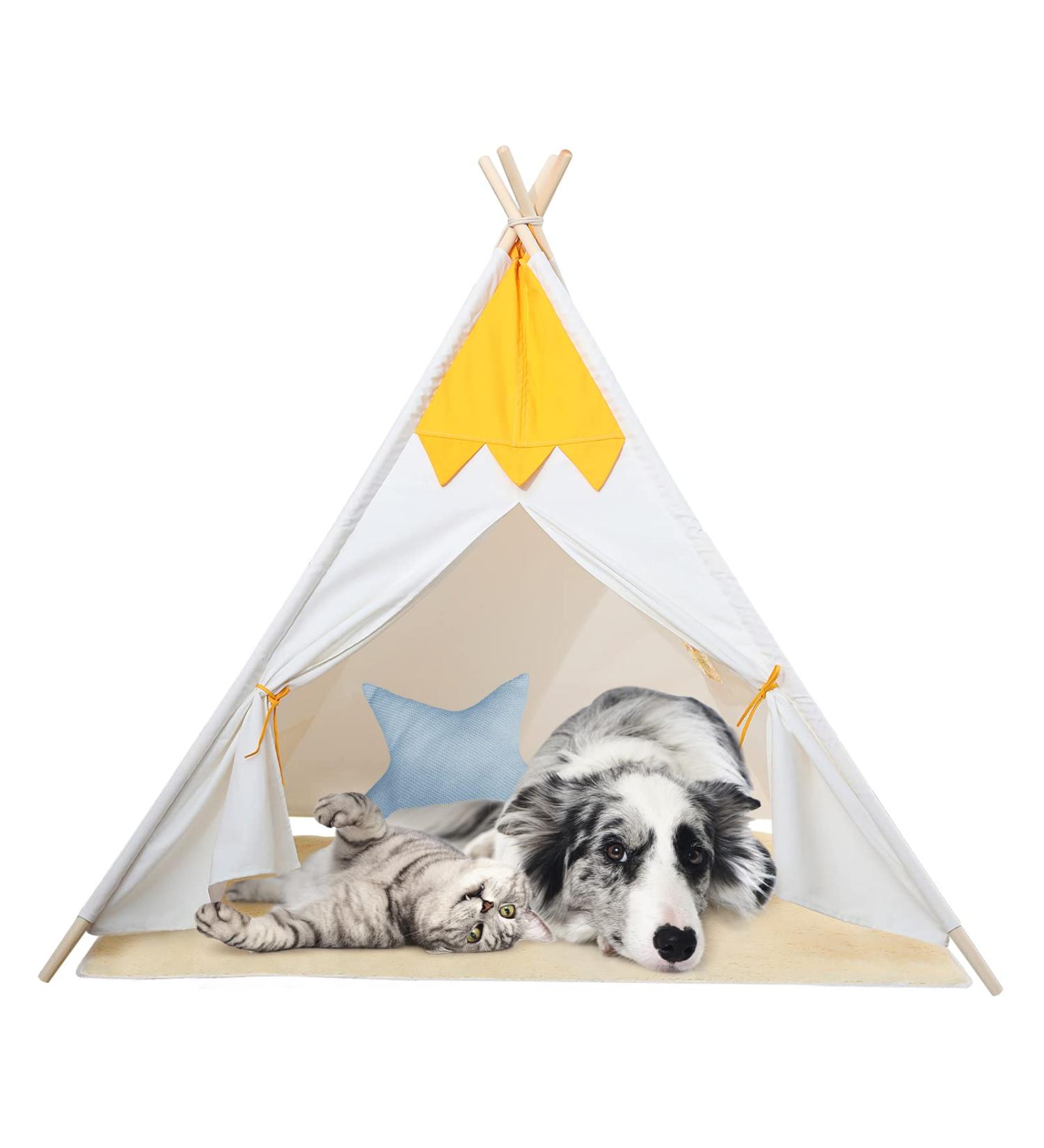 Large Pet Teepee Tent with Mat for Dogs & Cats | Portable Indoor/Outdoor Dog House - White Stripe Design - Buy Online on SooperMarket.com