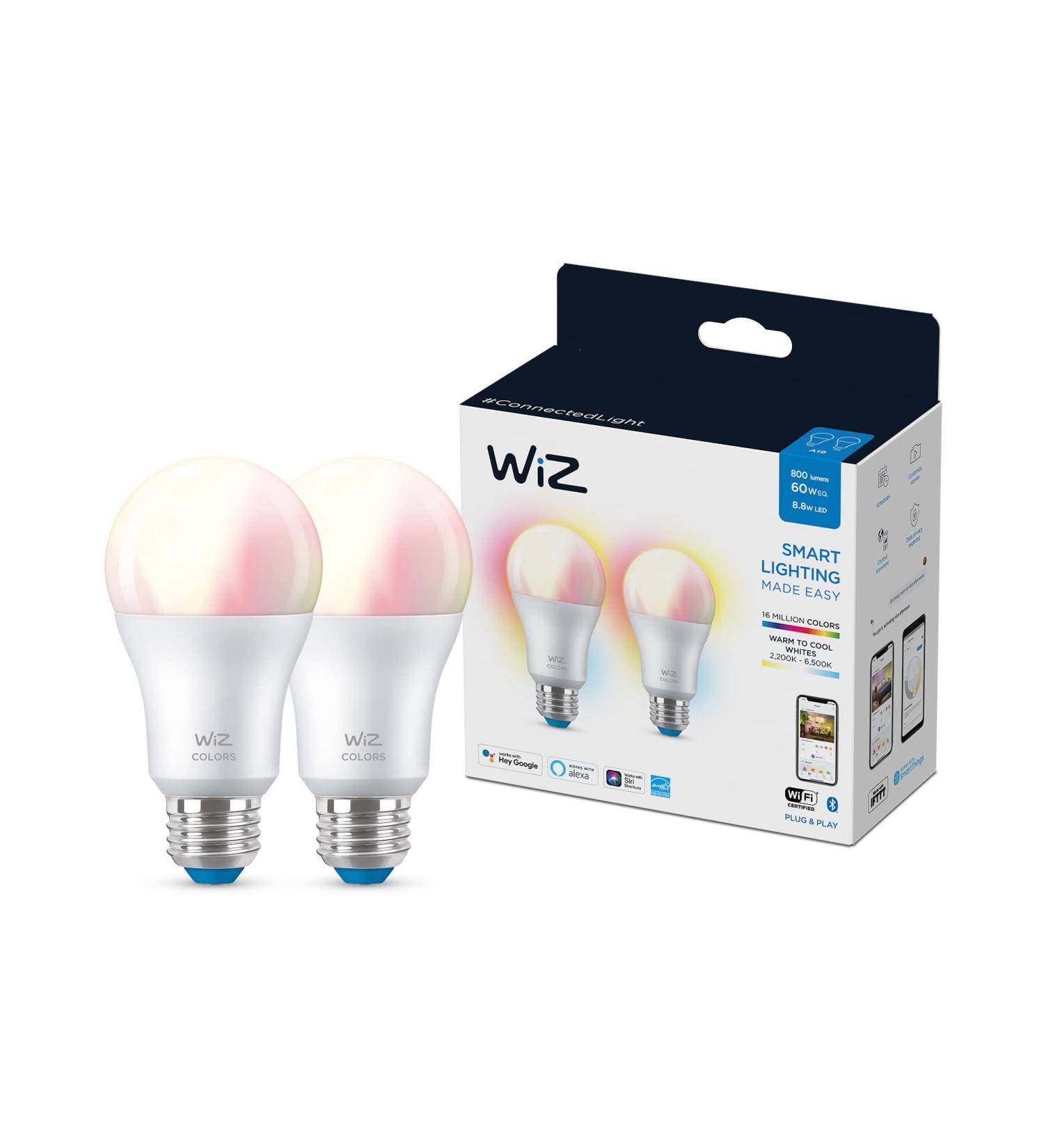 WiZ Connected 2-Pack Color 60W A19 Smart WiFi Light Bulb  16 Million Colors  Compatible with Alexa and Google Home Assistant  No Hub Required  2 Bulbs A19 Color 2 Count (Pack of 1) - Buy Online on SooperMarket.com