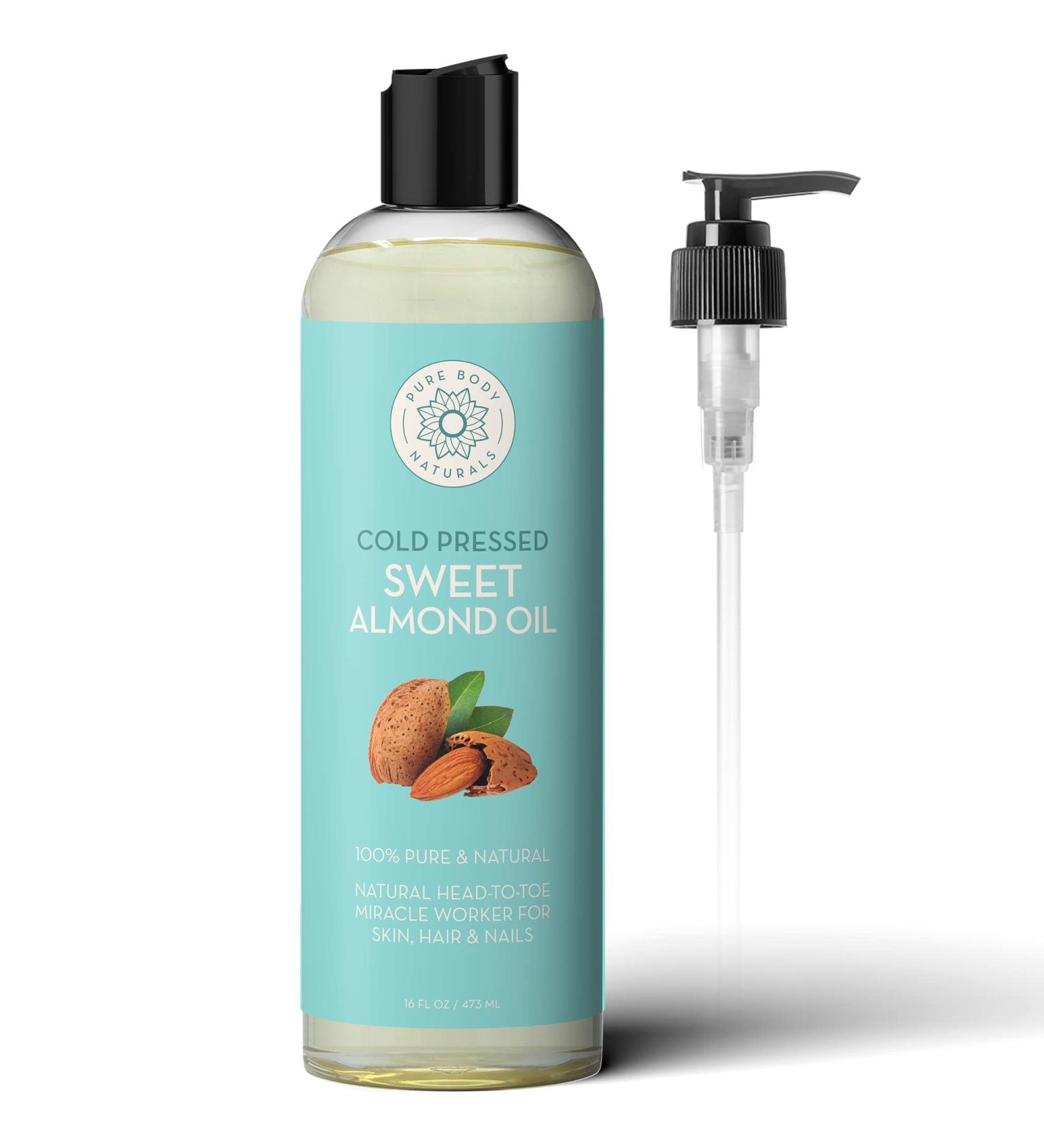 Pure Body Naturals Sweet Almond Oil 16 fl. oz - 100% Pure Cold Pressed, Hexane Free, Skin Moisturizer, Nail Strengthener, Carrier Oil for Therapeutic Massage - Buy Online on SooperMarket.com