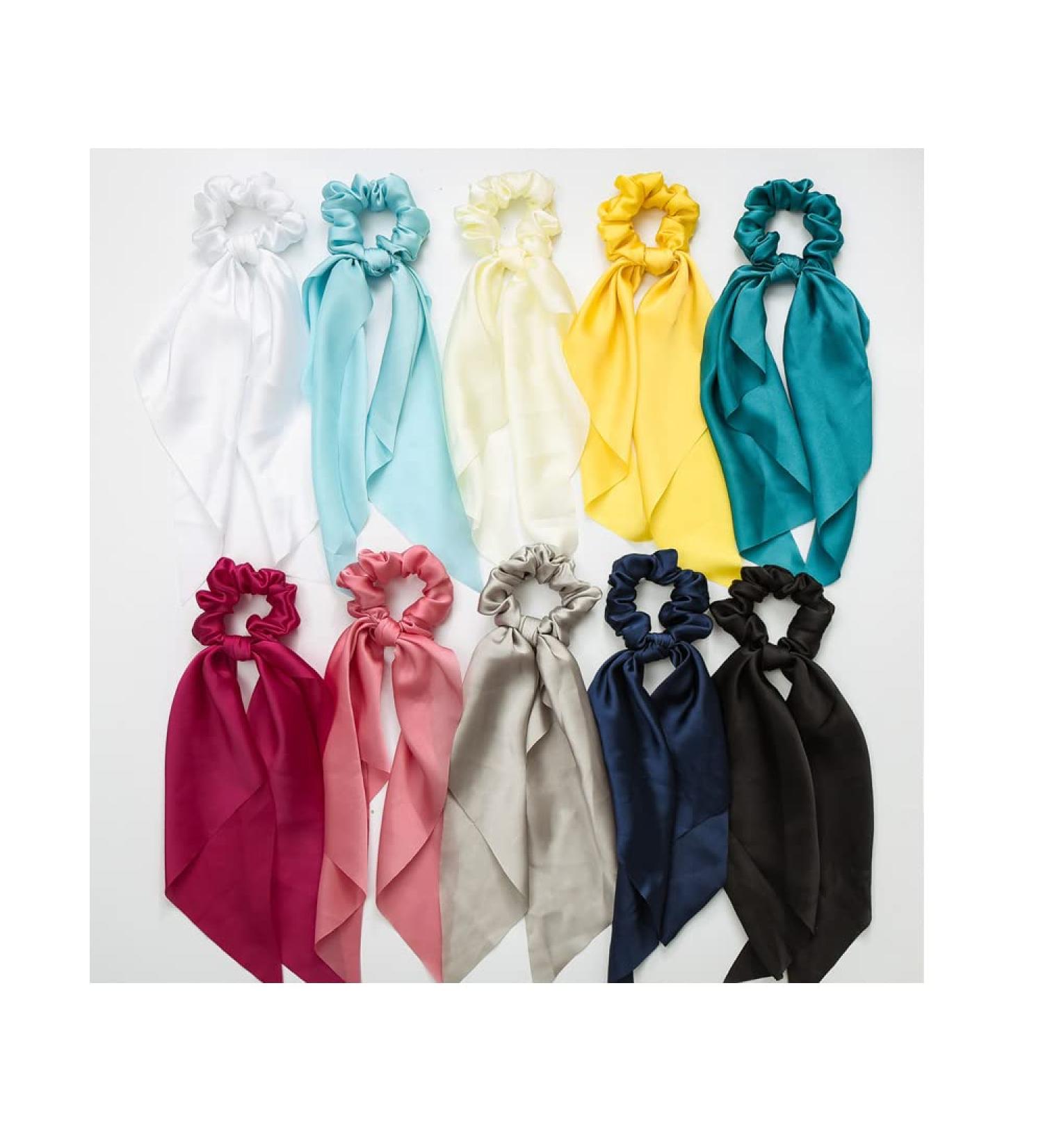 10pcs Silk Hair Scarf Scrunchies with Long Tails - Satin Bow Ponytail Holder for Women - Buy Online on SooperMarket.com