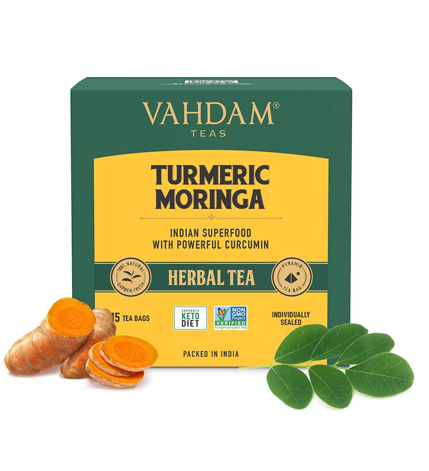 Vahdam Teas Turmeric Moringa Herbal Tea - Caffeine Free, 15 Infusion Bags (1.06 oz) - Buy Online on SooperMarket.com