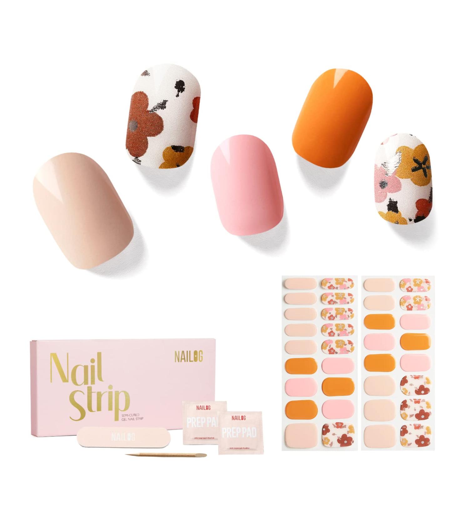 NAILOG Semi Cured Gel Nail Strips 34 pcs Salon-Quality Gel Nail Stickers Long Lasting Nail Wraps for Women with Soft Gel Finish Christmas New Year Design Waltz of The Flowers - Buy Online on SooperMarket.com