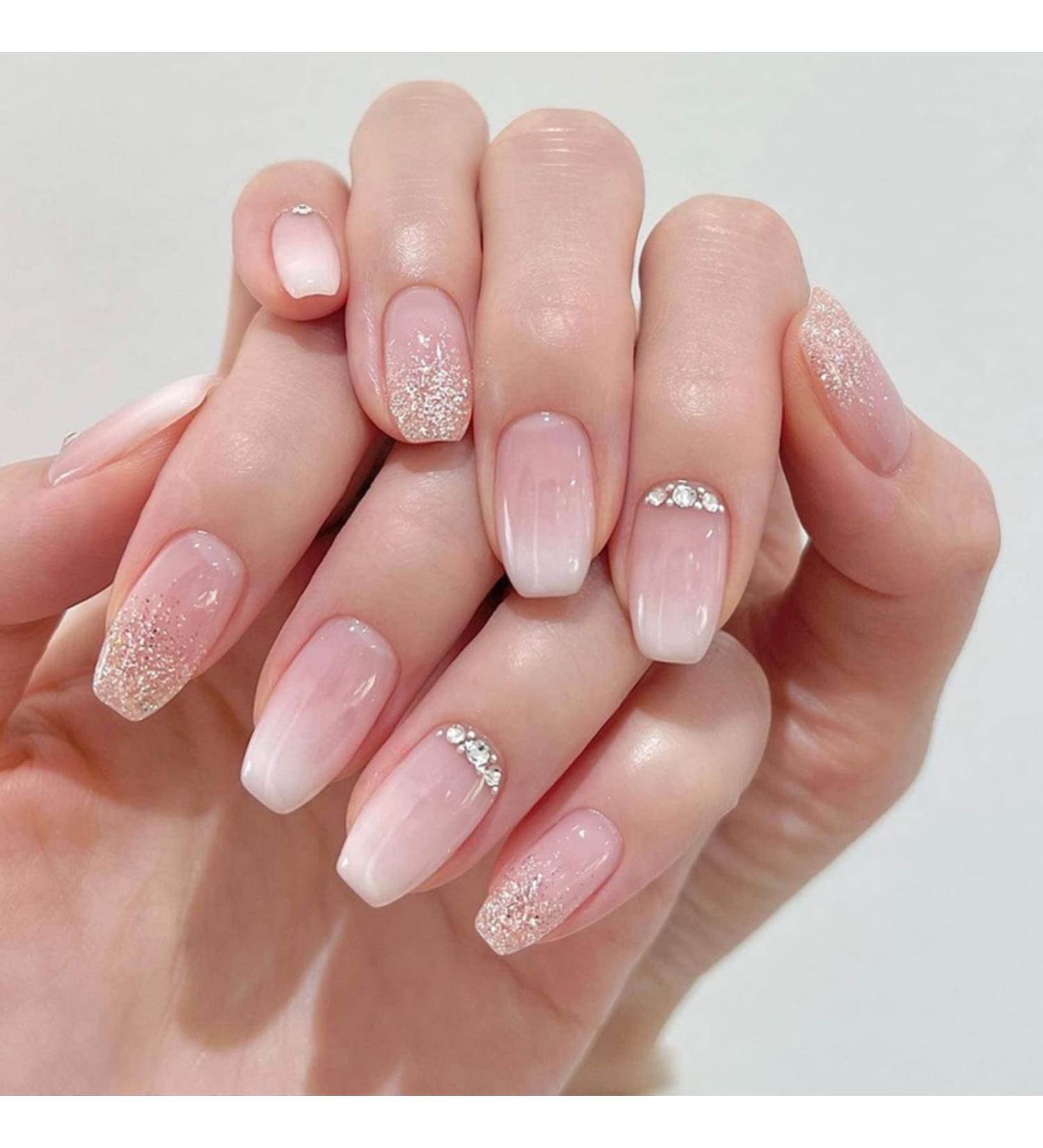 Justotry Glitter Fake Nails - 24 pcs Medium Peach Pink French Press On Nails with Jewels | Ballerina Long Stick On Nails for Women | Acrylic Coffin False Nails with Glue for Nail Art - Buy Online on SooperMarket.com