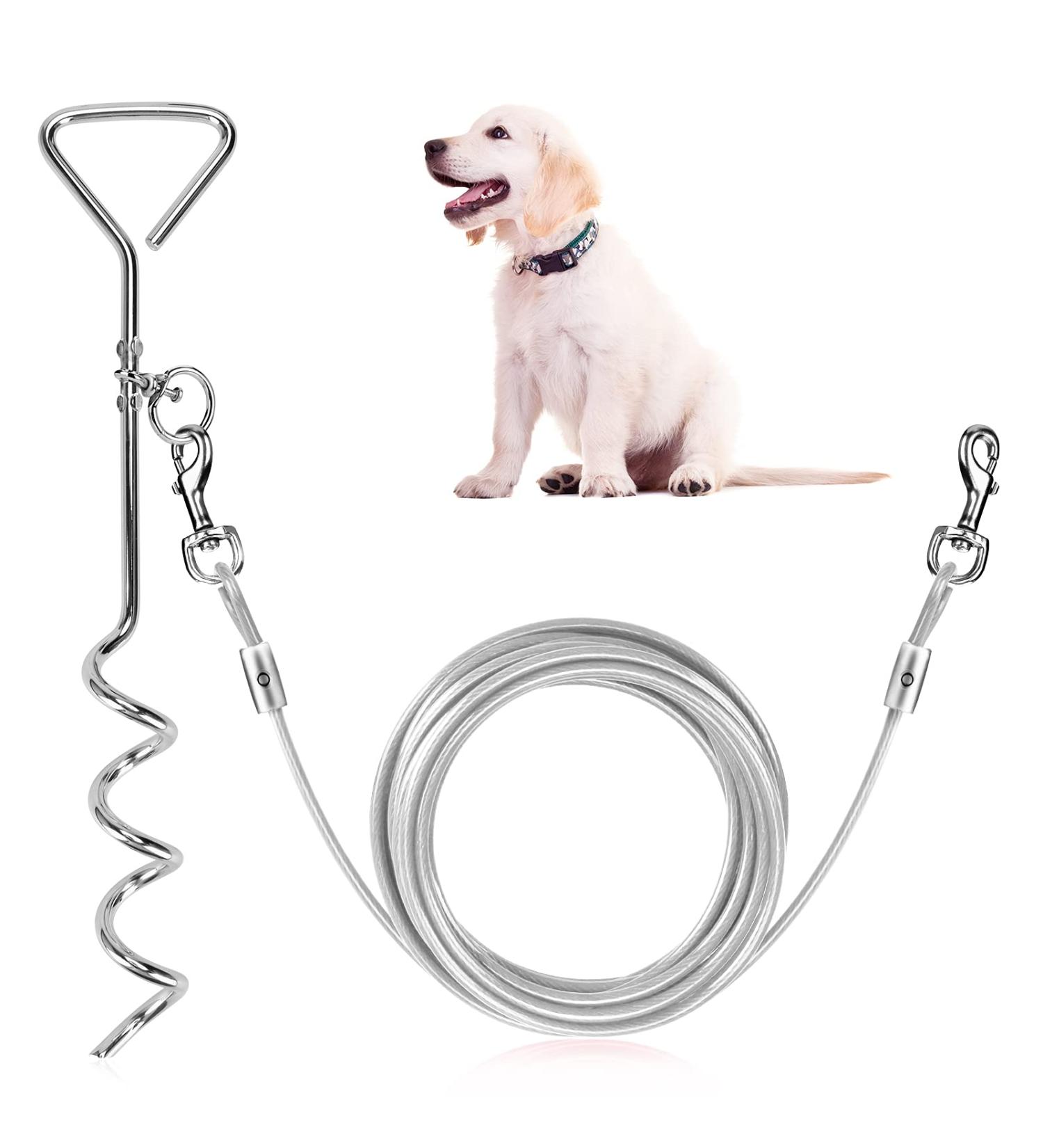 16ft Dog Tie Out Cable with Spiral Ground Stake - Up to 120lb Dogs - Perfect for Playing, Camping, and Backyard - White - Buy Online on SooperMarket.com