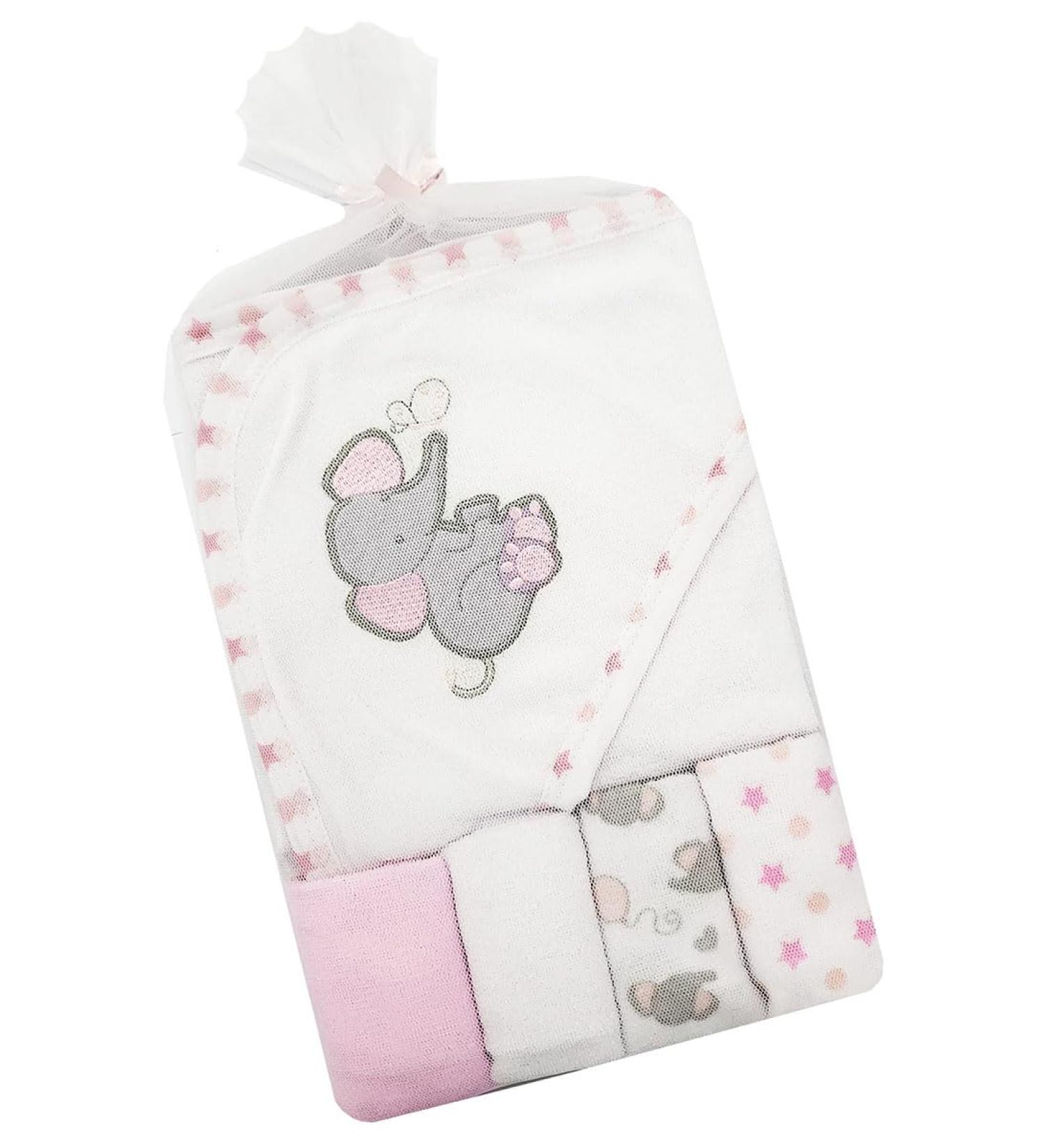 Baby Girl Boy Hooded Towel Flannel Face Cloths Wash Bath Time 5 Piece Set (Pink)