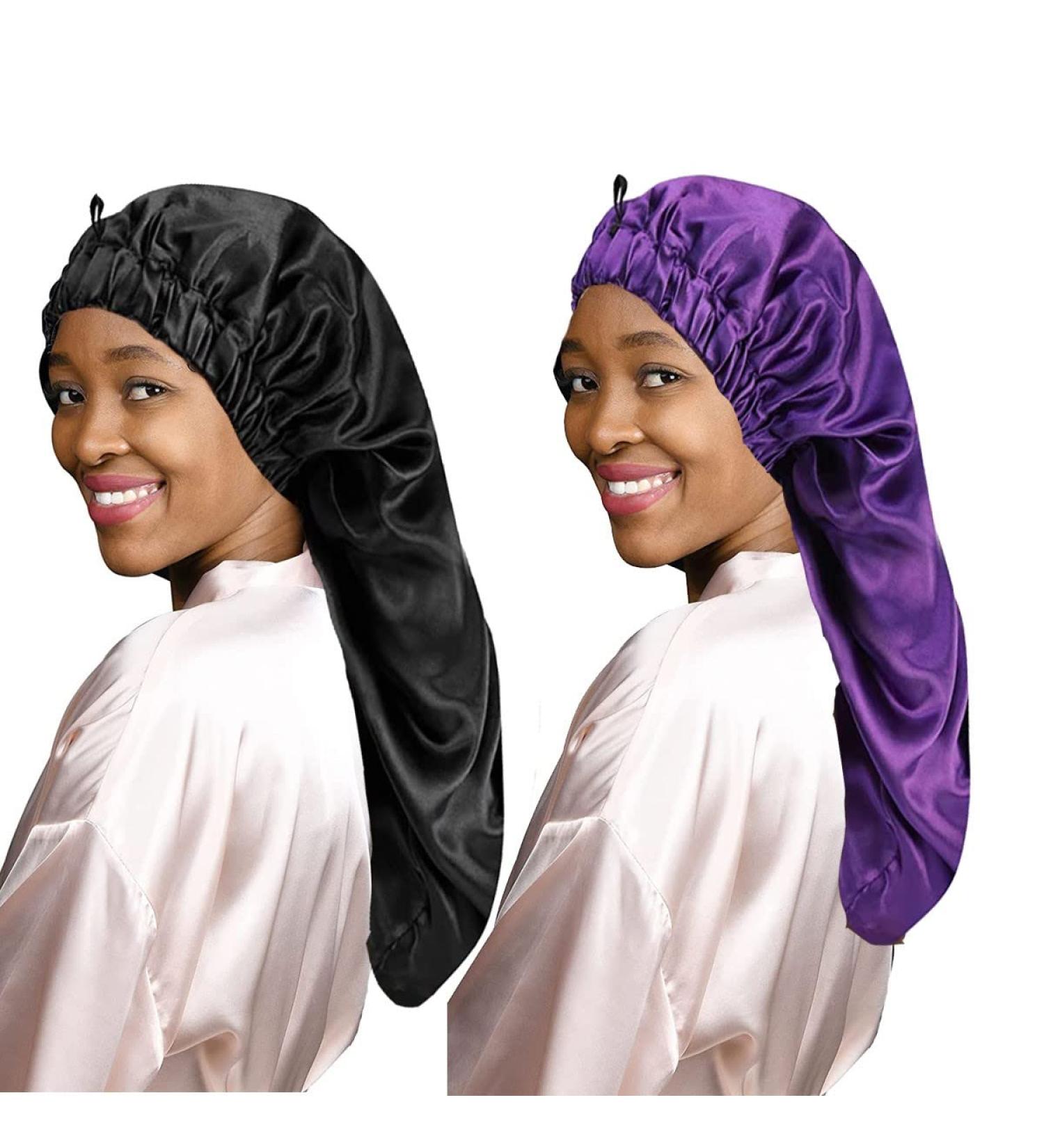 Shop Ladaypoa Long Satin Hair Hood for Girls | 2-Piece Silky Sleeping Hat Set - Extra Large Black & Purple Satin Sleeping Cap - Buy Online on SooperMarket.com
