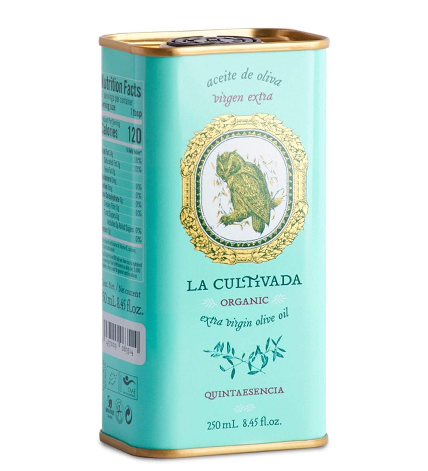 Organic Extra Virgin Olive Oil. Cold Pressed. Quintaesencia - Certified Organic by S.C. CAAE. . Gold Medal Winning Oil. Blend of Arbequina Hojiblanca and Picual. 500ml tin (GB-ORG-04)